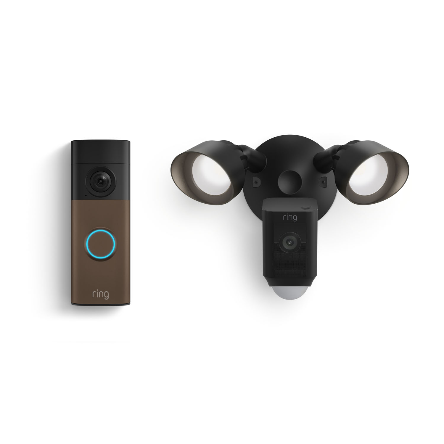 Battery Doorbell (Newest Model) + Floodlight Cam Plus, Wired - Ring doorbell with blue-lit button next to a black floodlight camera with dual adjustable lights on a white background.