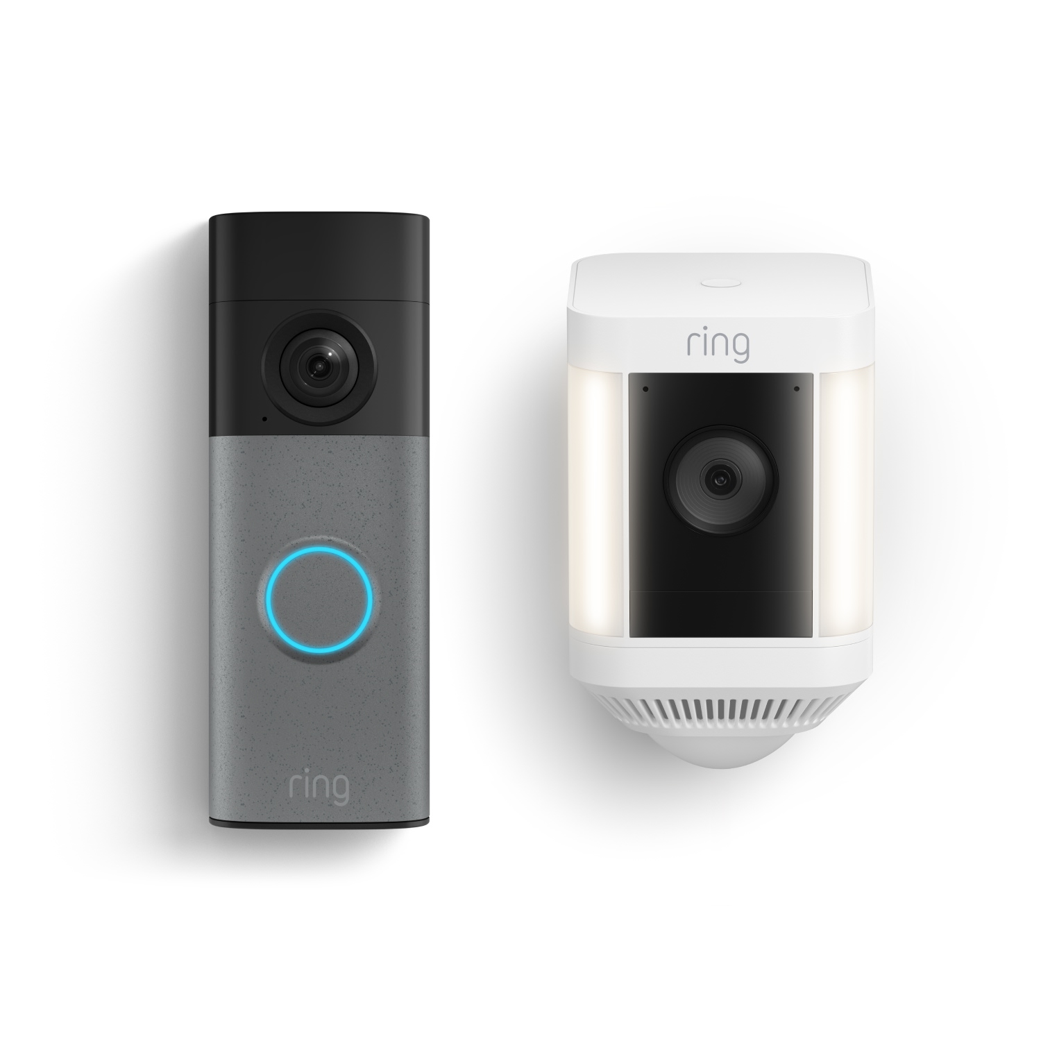 Battery Doorbell (Newest Model) + Spotlight Cam Plus  - A gray smart doorbell with a glowing blue ring and a white outdoor camera with dual light panels and black lens.
