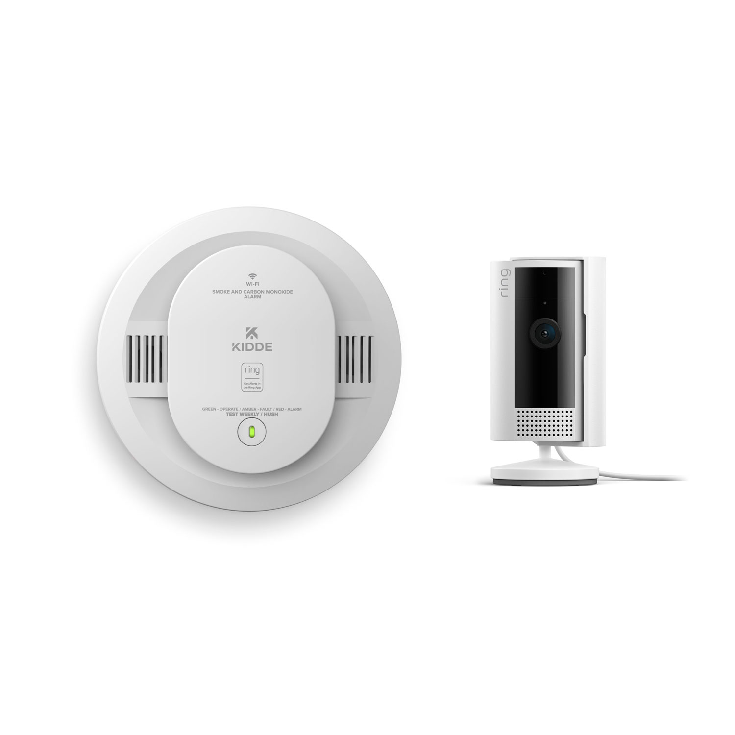KIDDE Battery Smart Smoke & Carbon Monoxide Alarm  + Indoor Cam (2nd Gen) - Kidde battery smoke alarm next to a Ring indoor security camera, both in white against white background.