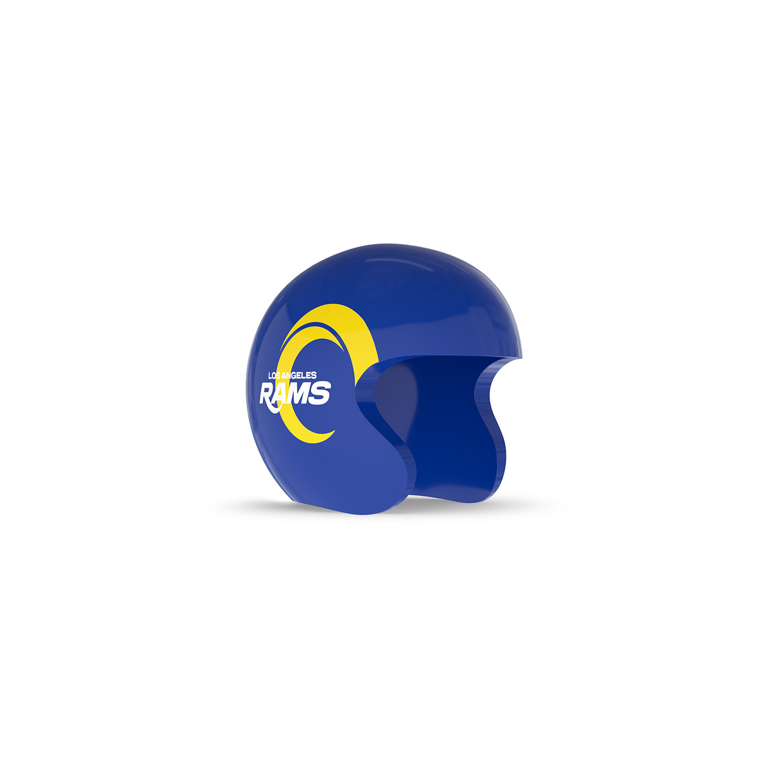 NFL Game Day Cam Cover (Indoor Cam, Pan-Tilt Indoor Cam) - NFC - Blue Los Angeles Rams mini football helmet with yellow ram horn logo on the side, open-face design, isolated on white background.
