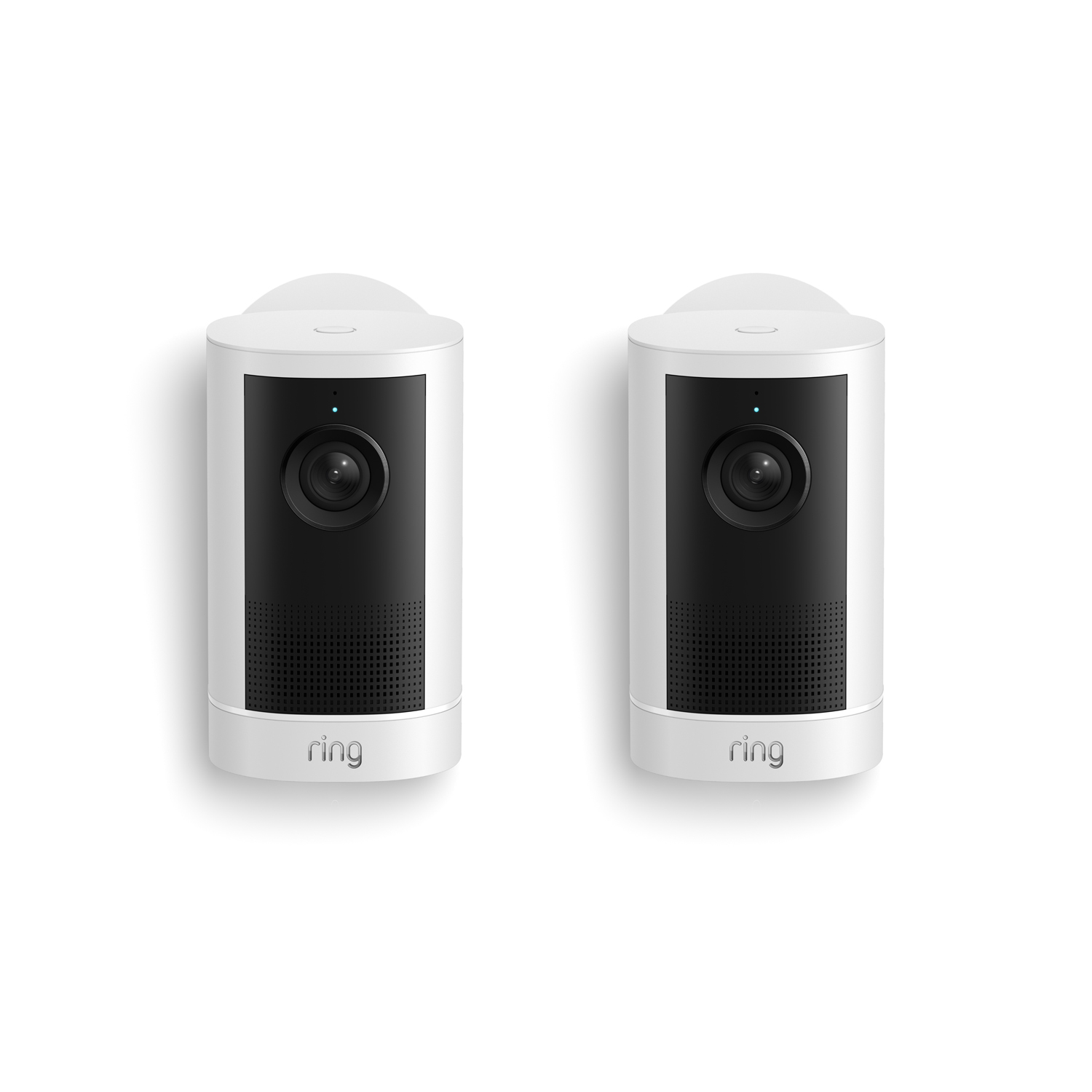 Outdoor Cam 4K Plus  - Two white Ring indoor security cameras side by side on a white background, each with a black lens panel and speaker grille.