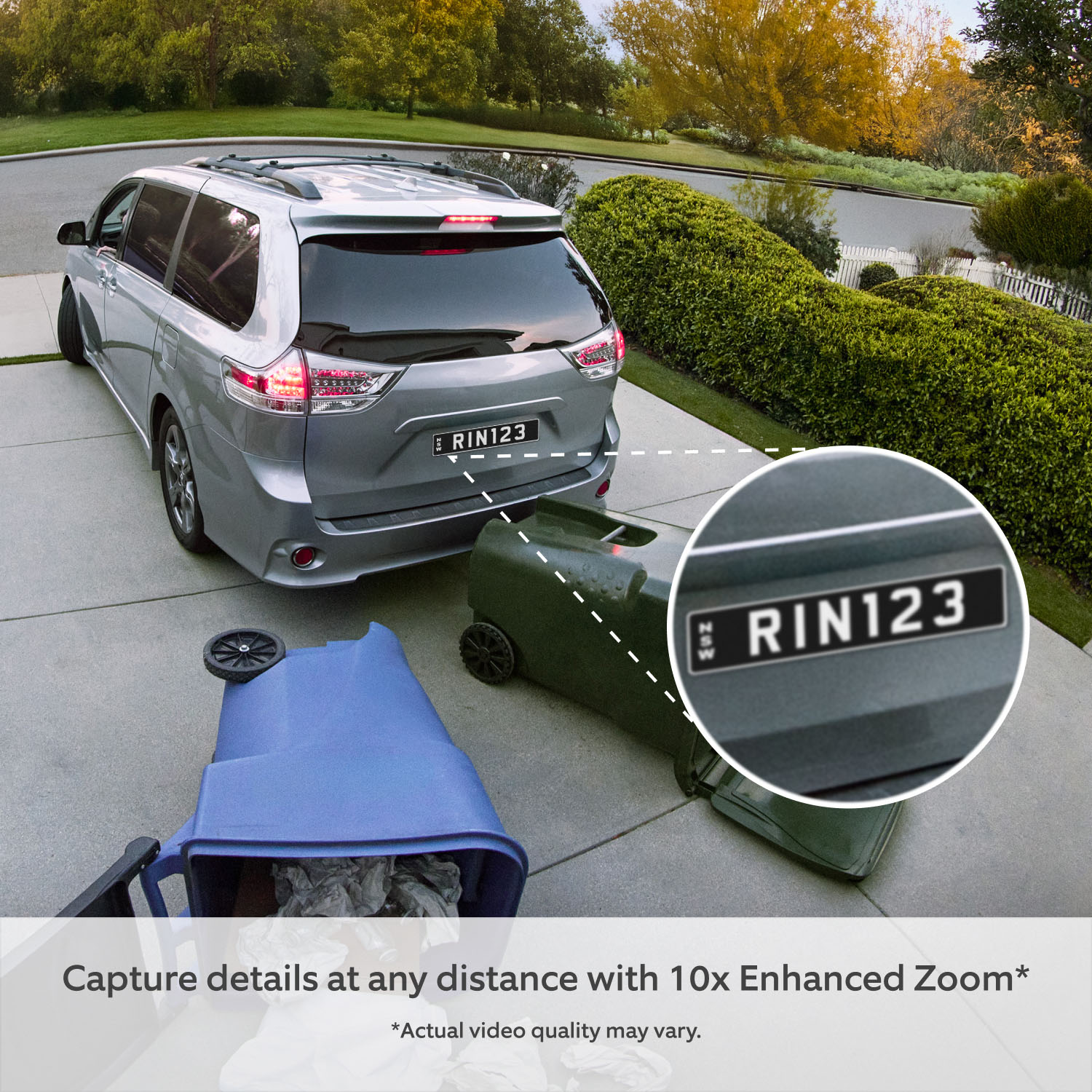 Spotlight Camera Pro (2nd Gen) (Featuring Retinal 4K) - Driveway with a car backing up into rubbish bins. Graphic shows a zoomed-in view of the car number plate, with text that reads Retinal Vision 4K with 10x Enhanced Zoom.  Disclaimer reads Image is simulated. Actual video quality may vary