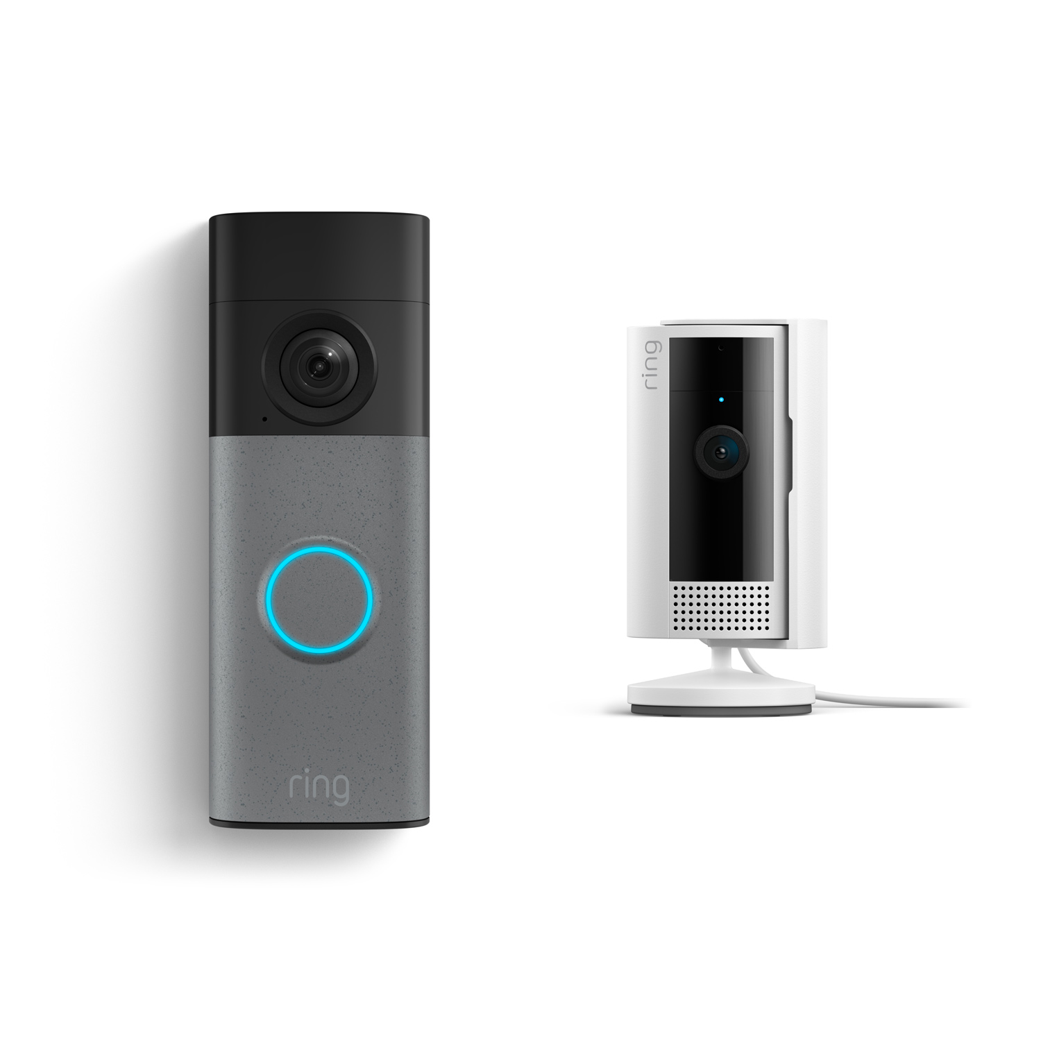Battery Doorbell (Newest Model) + Indoor Camera (Newest Model) - Ring video doorbell with glowing blue button beside a white indoor camera on a stand, both against a clean white background.