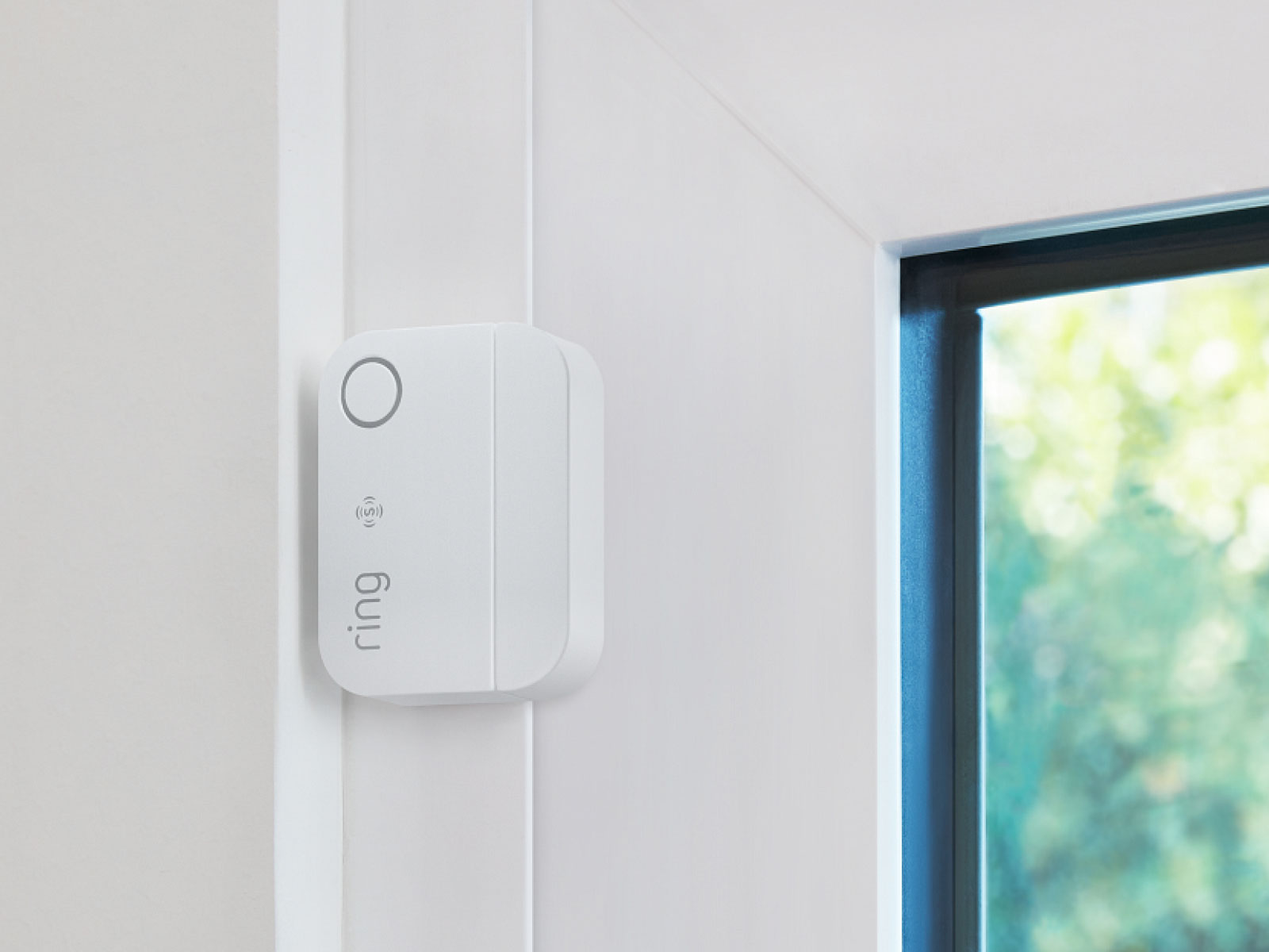 A white Door and Window Sensor sits in the upper left corner of a window.