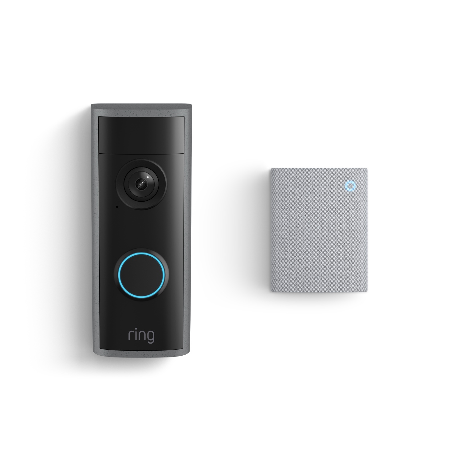 Newport + Vanilla - Peephole Cam 2K + Chime 3rd Gen - Black Ring video doorbell with blue-lit button and camera, shown next to a small gray chime with a blue indicator light.