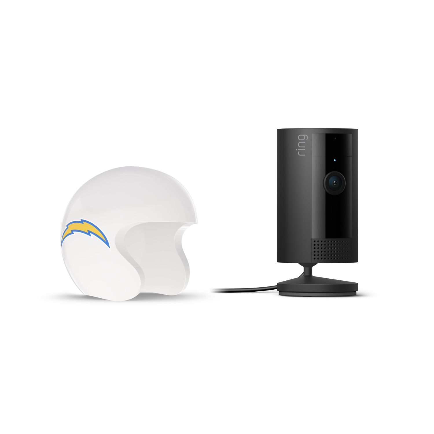 Indoor Cam, Black + NFL Game Day Cam Cover — AFC - Black Ring indoor camera on a stand next to a white football helmet with a blue-and-yellow lightning bolt logo on a white background.