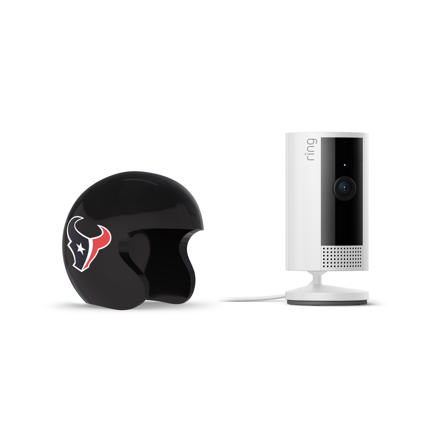 Indoor Cam, White + NFL Game Day Cam Cover — AFC - White Ring indoor camera on a stand next to a black sports helmet featuring a red, white, and blue bull logo on white background.