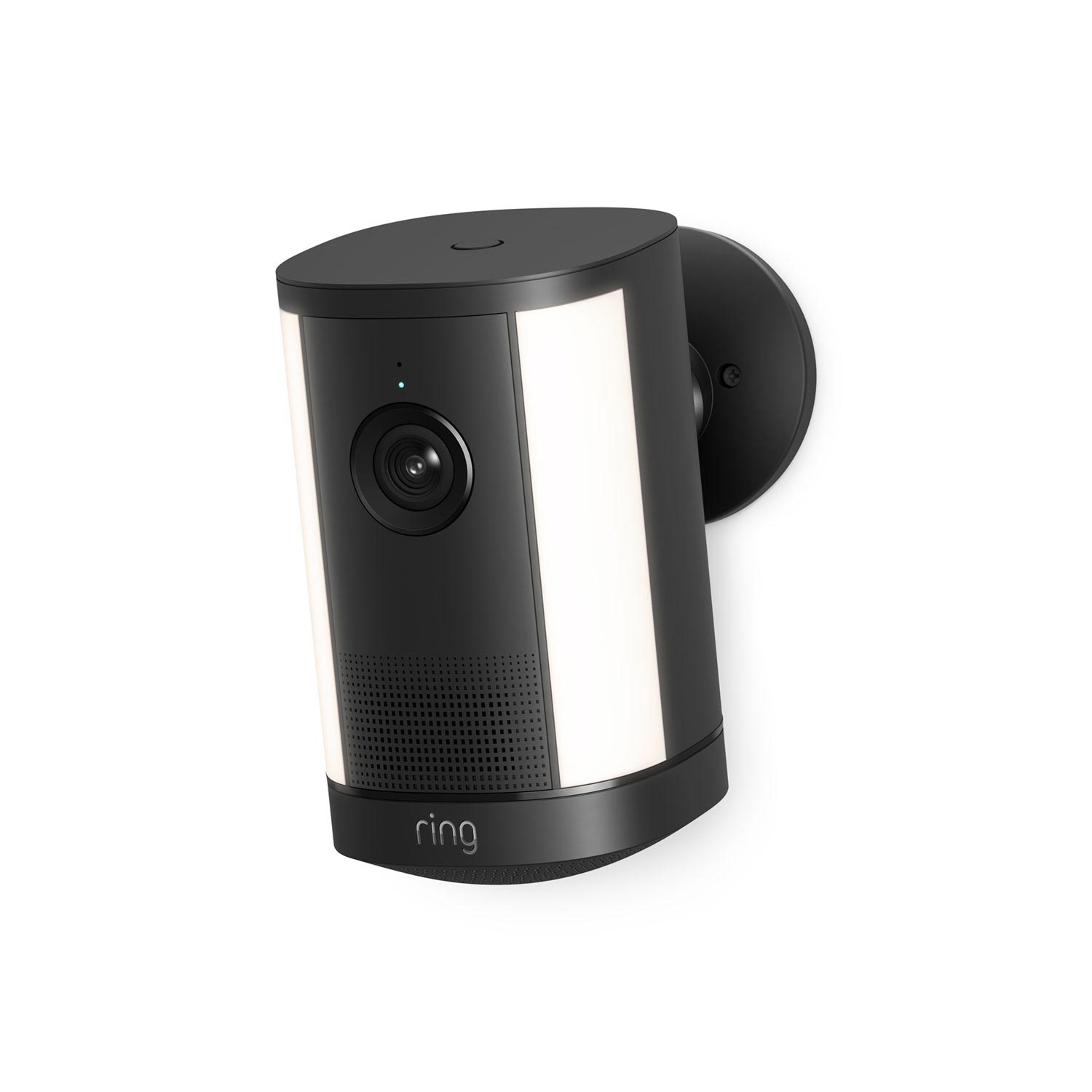 Spotlight Cam 4K Plus - Wall-mounted black Ring camera with dual white light panels, wide lens, and speaker grille on a round base against a white background.