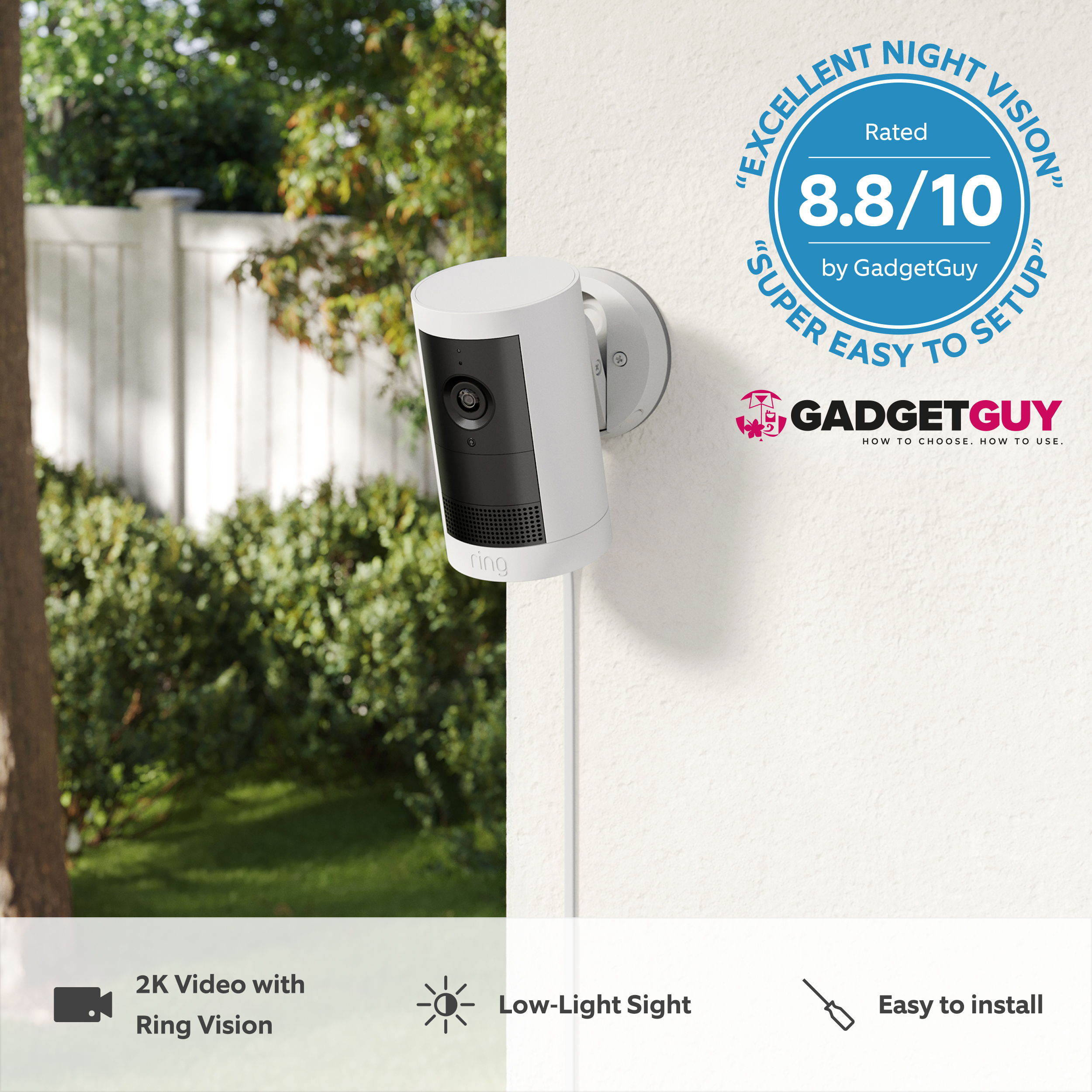 Outdoor Camera Plus (Featuring 2K Video with Ring Vision) - Plug-In:White Outdoor Security Camera Plus Plug-in with gadget guys sticker review of 8.8/10 rating