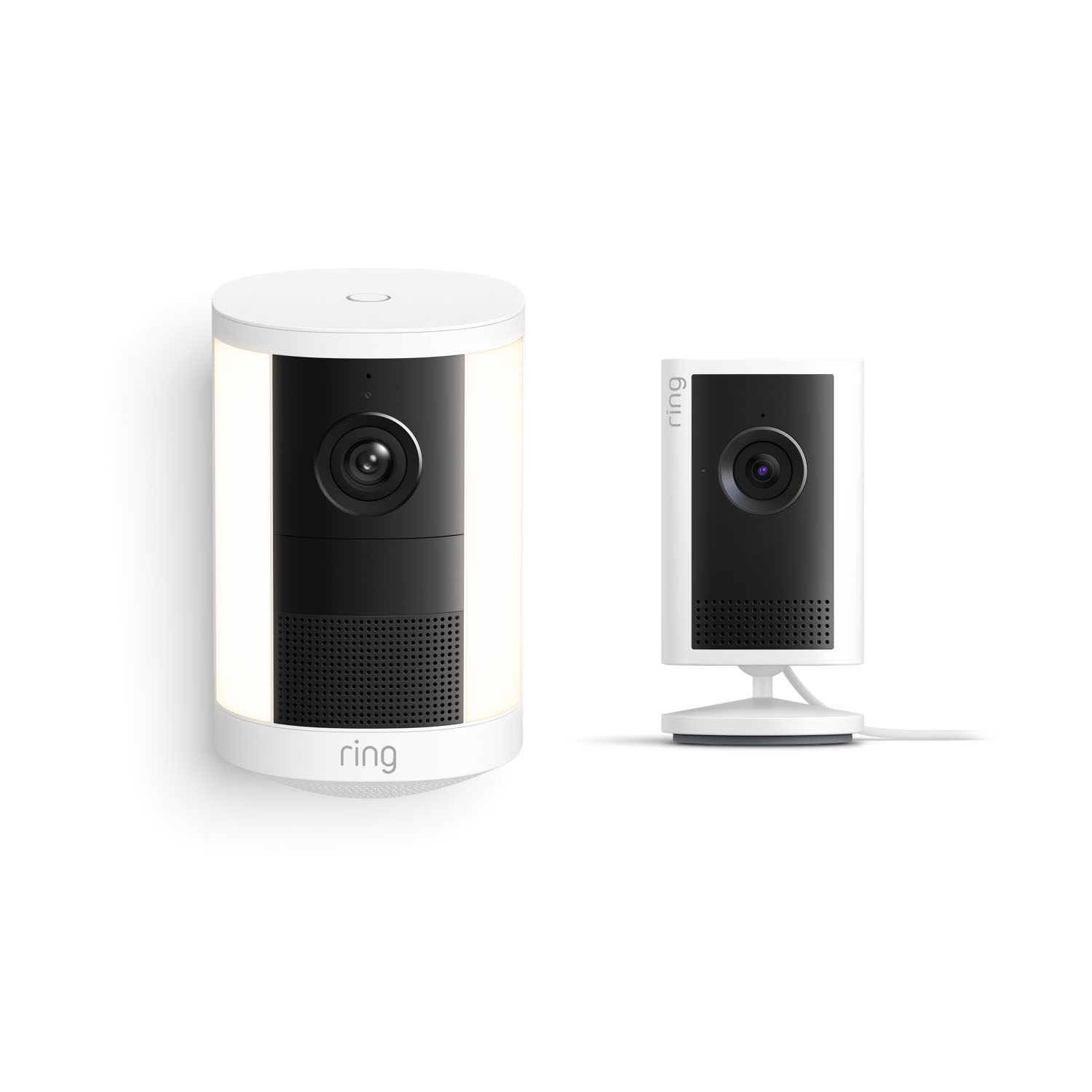 Spotlight Cam, Battery (Newest Model) + Indoor Cam Plus - Two white-and-black Ring home cameras on a white background