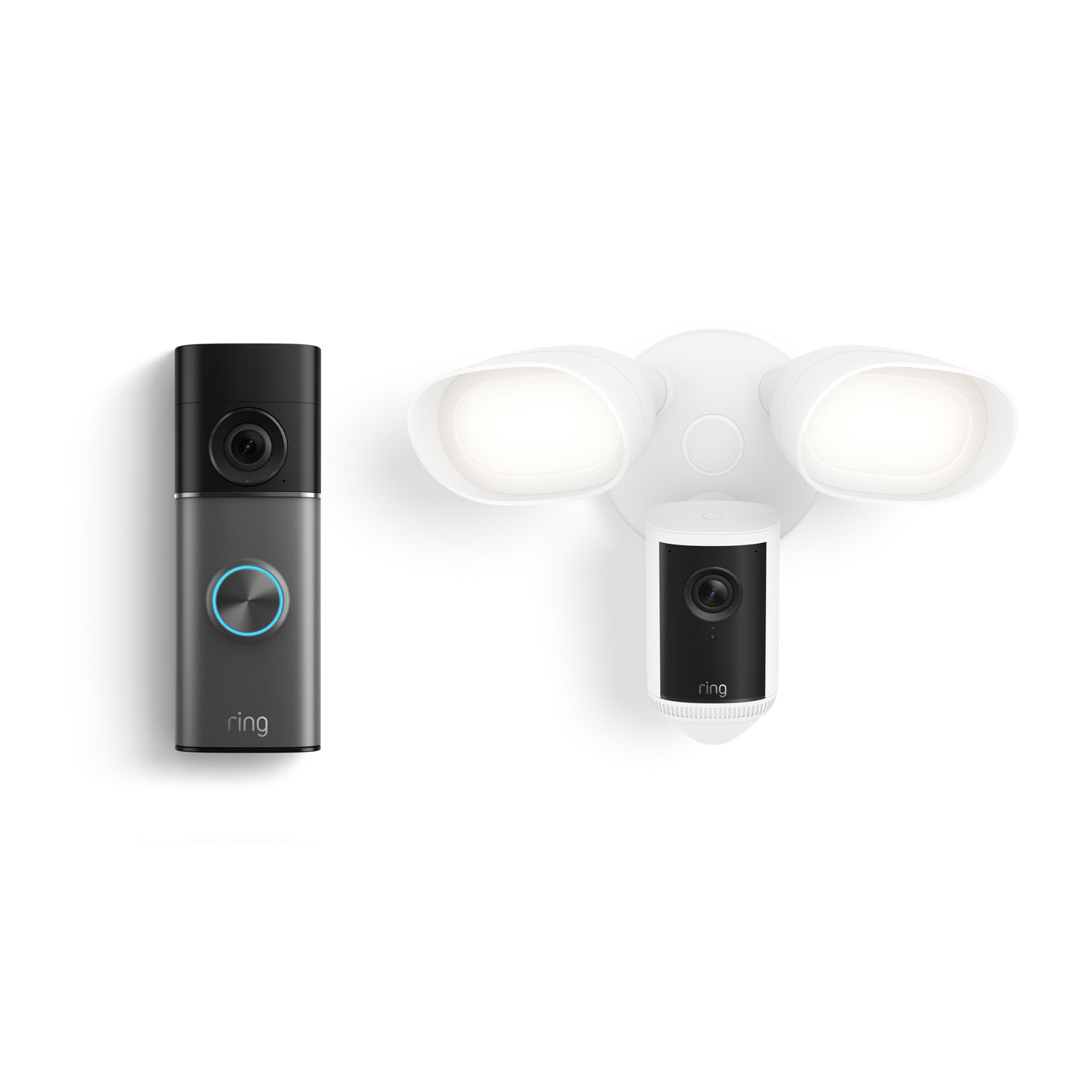 Battery Doorbell  Pro (Newest Model) +  Floodlight Cam Pro, Wired (Newest Model) - Black video doorbell with glowing blue ring next to a white dual floodlight fixture with built-in camera on a white background.