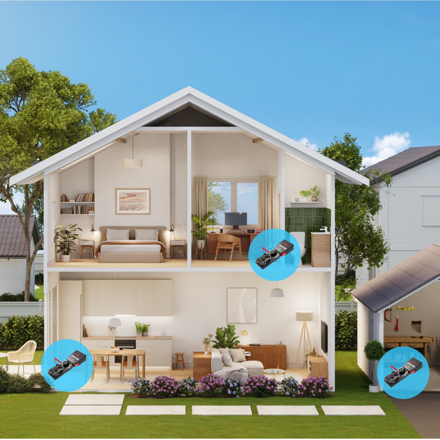Cutaway of a modern two-story home and garage with blue markers highlighting small smart sensor devices in the kitchen, office, and garage.