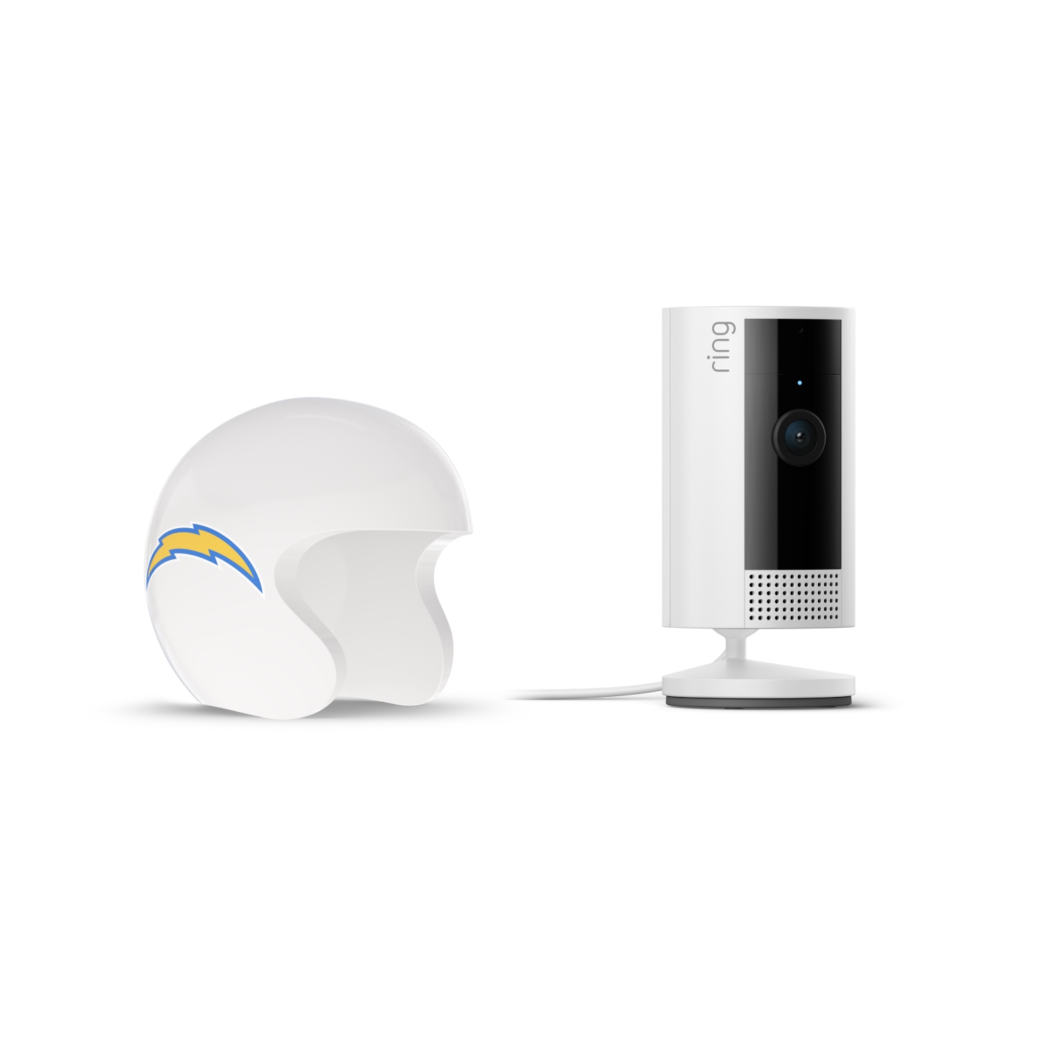 Indoor Cam, White + NFL Game Day Cam Cover — AFC - White Ring indoor camera on stand next to a white football helmet with a blue and yellow lightning bolt logo on a plain white background.