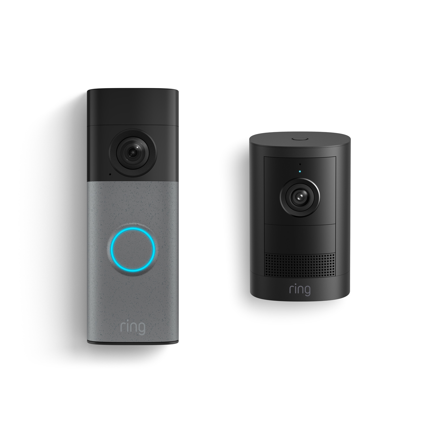 Battery Doorbell 2K + Outdoor Cam 2K, Battery - Ring Battery Doorbell 2K in Speckled Gray with Outdoor Cam 2K, Battery in Black.