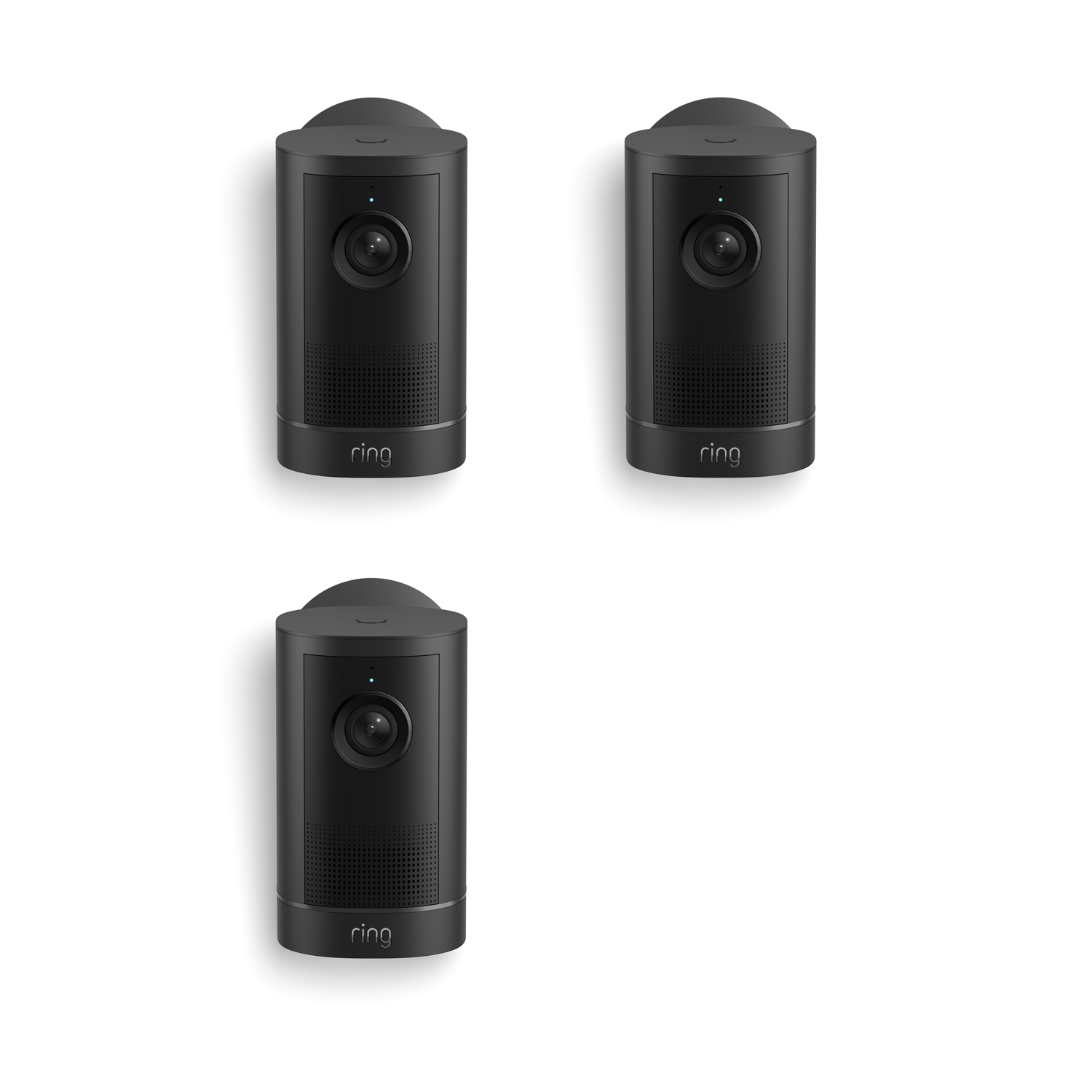 Outdoor Cam 4K Plus  - Three black Ring security cameras on a white background, each with a central lens and small LED indicator.