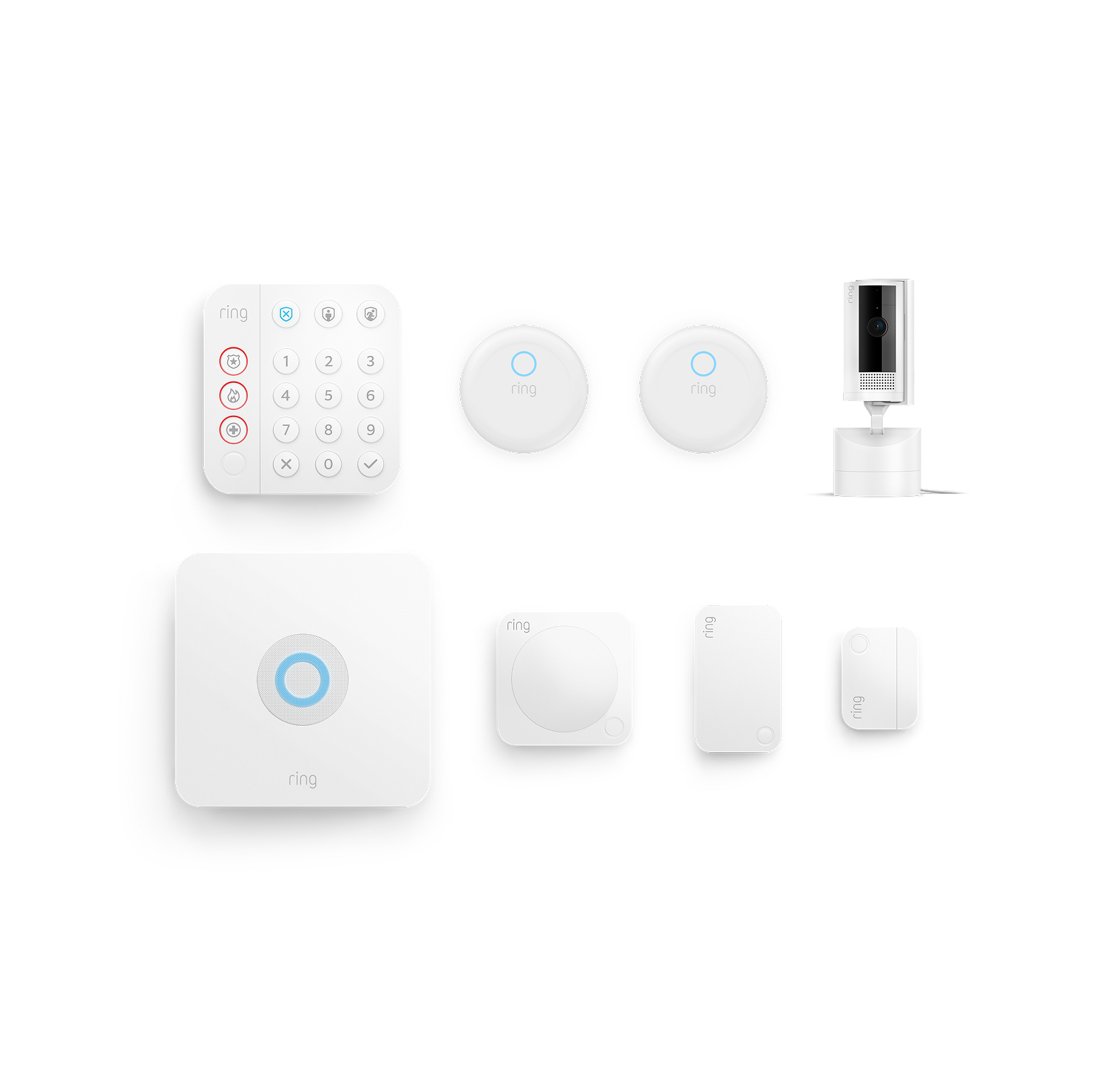 Inside Home Enhanced Kit (Pan-Tilt Indoor Cam + Alarm Security Kit, 5-Piece + Alarm Flood & Freeze Sensor + Alarm Smoke and CO Listener) - Ring security kit on white background.