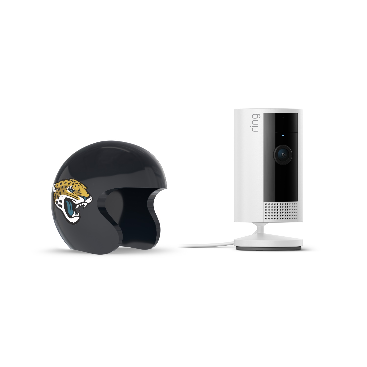 Indoor Cam, White + NFL Game Day Cam Cover — AFC - White Ring indoor camera on stand next to a black mini football helmet with a jaguar logo, both on a white background.