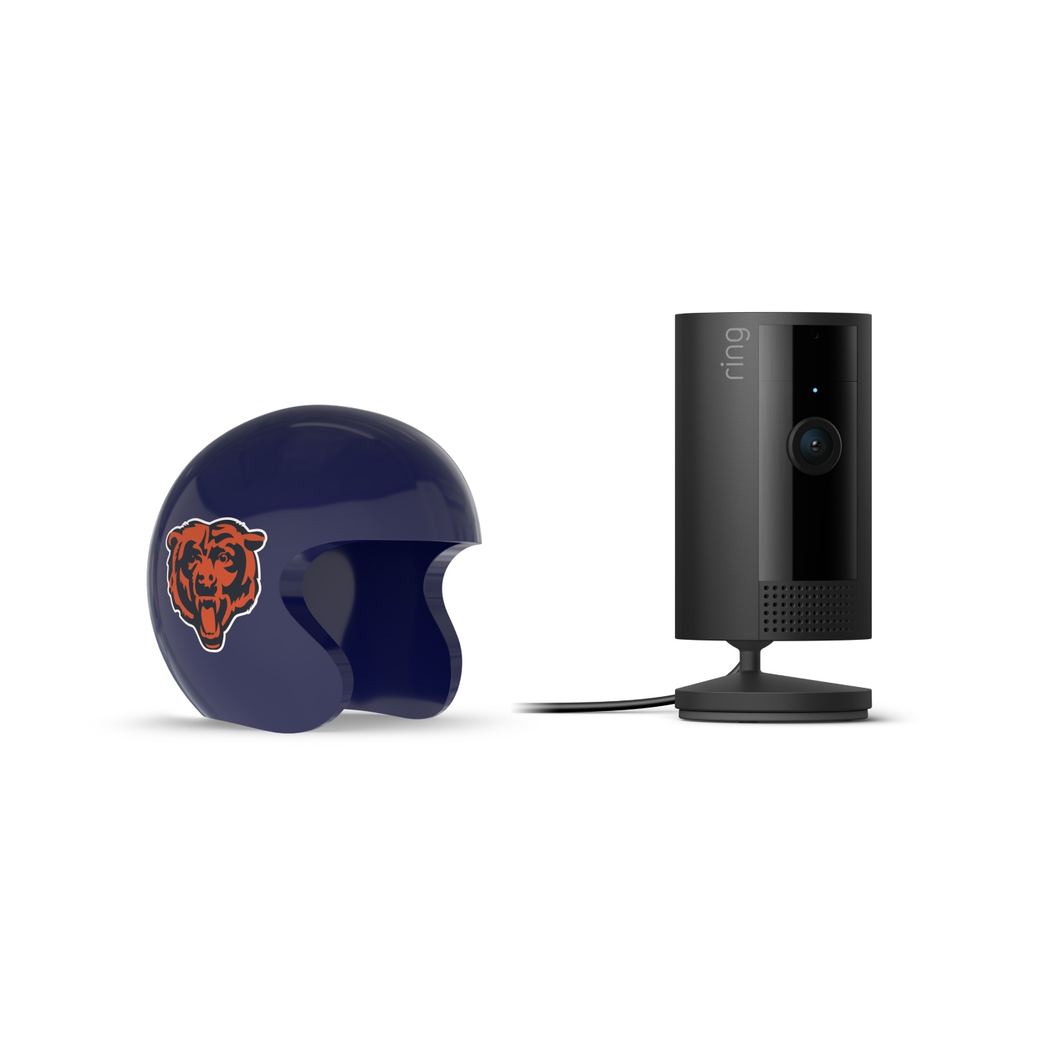 Indoor Cam, Black + NFL Game Day Cam Cover — NFC - Black Ring Stick Up Cam next to a dark blue mini football helmet with an orange bear logo on a white background.