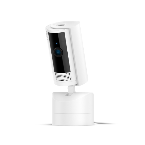 White Pan-Tilt Indoor Cam with base on a surface.