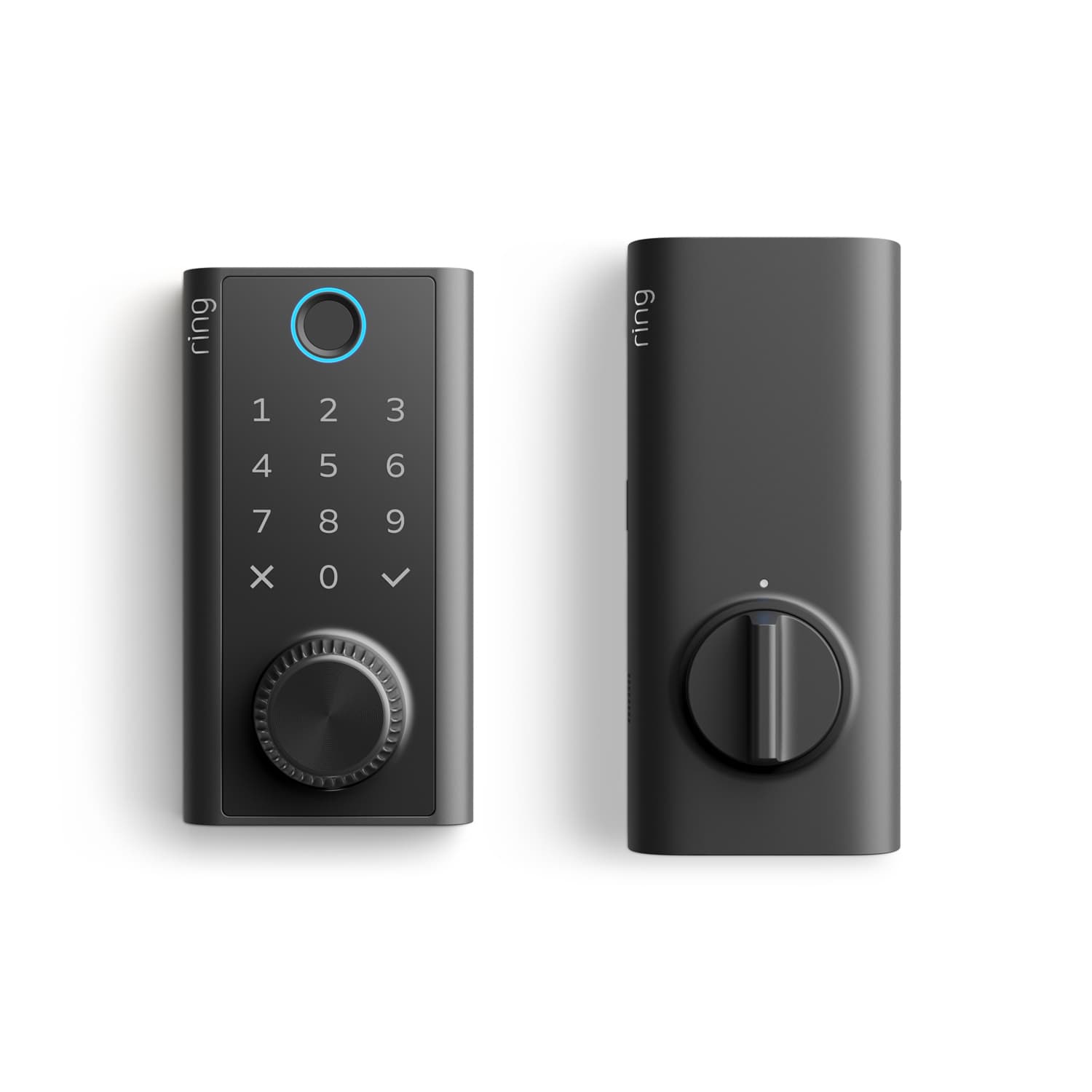Smart Lock - Black smart door lock, front keypad with blue-lit ring, numbers, check and X icons, and a dial; rear unit with thumbturn knob.