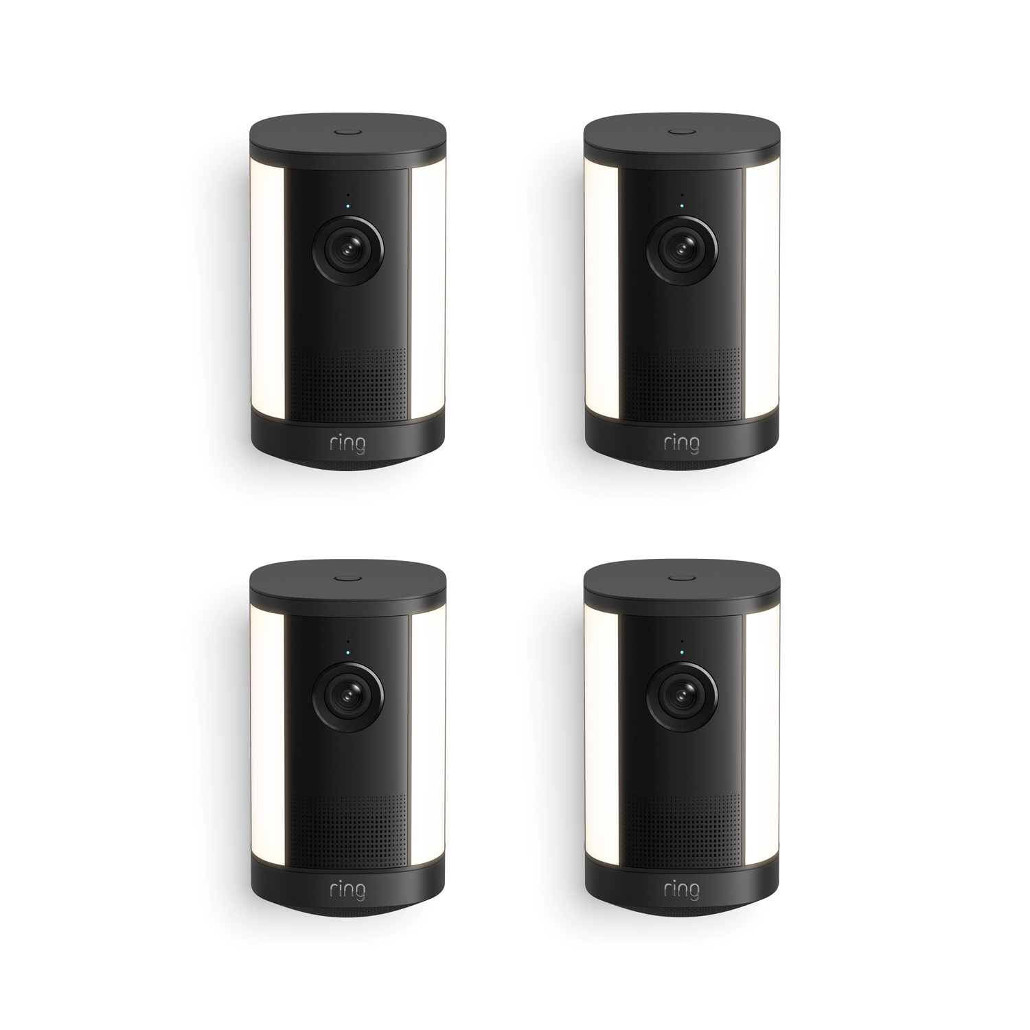 Spotlight Cam 4K Plus - Four black Ring spotlight security cameras with side light panels, arranged in a 2x2 grid on a white background.