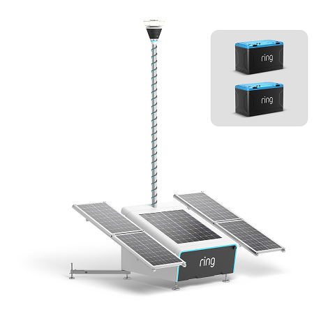 Ring solar-powered unit with four panels and a tall pole-mounted camera, shown with two rechargeable battery packs on the side.