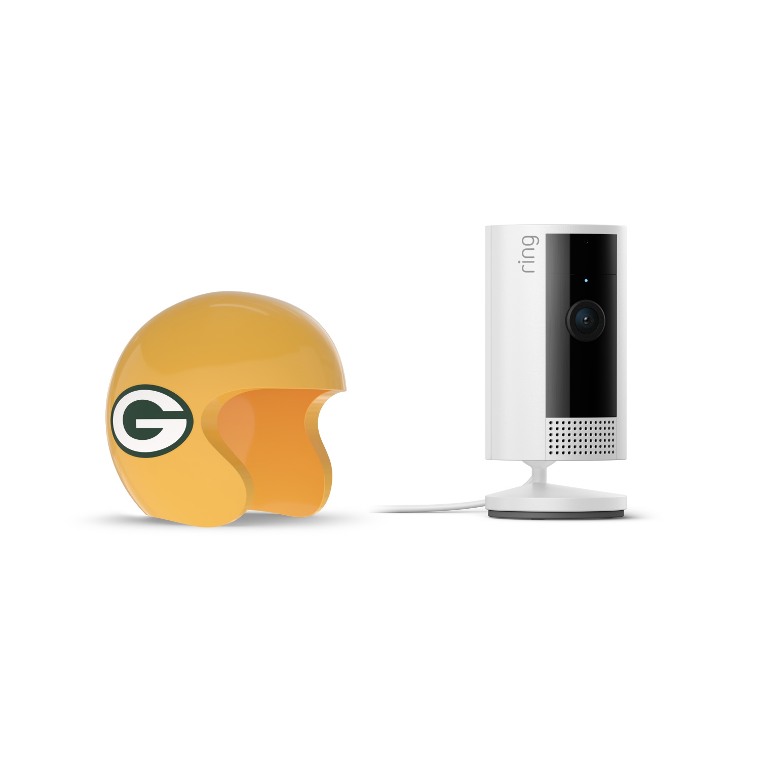Indoor Cam, White + NFL Game Day Cam Cover — NFC - White Ring indoor camera on a stand beside a yellow Green Bay Packers mini helmet on a white background.