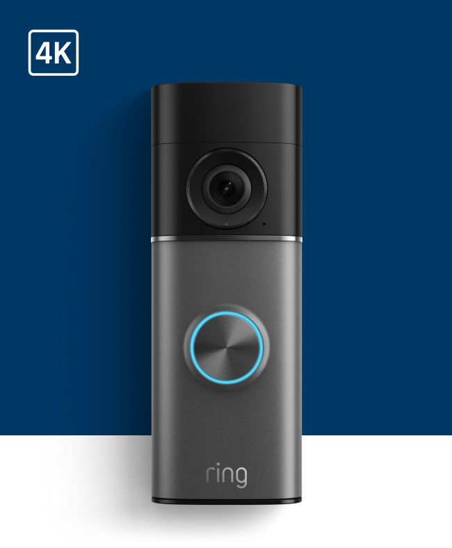 Ring doorbell camera with 4K resolution, featuring a black camera lens and circular blue-lit button on a gray device.