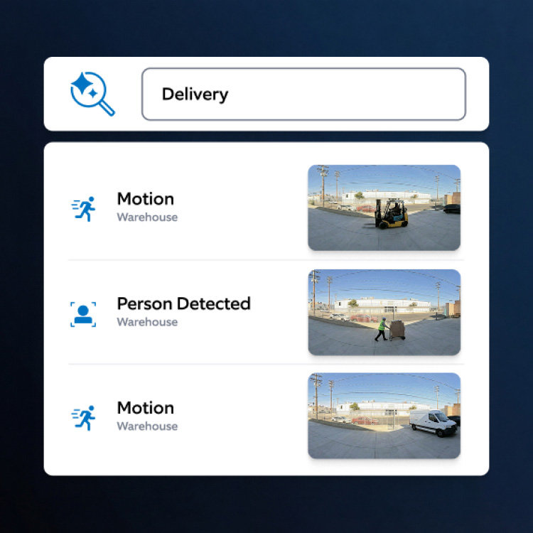 App screen showing “Delivery” search with warehouse camera clips: forklift moving, worker pushing a pallet, and a van arriving.