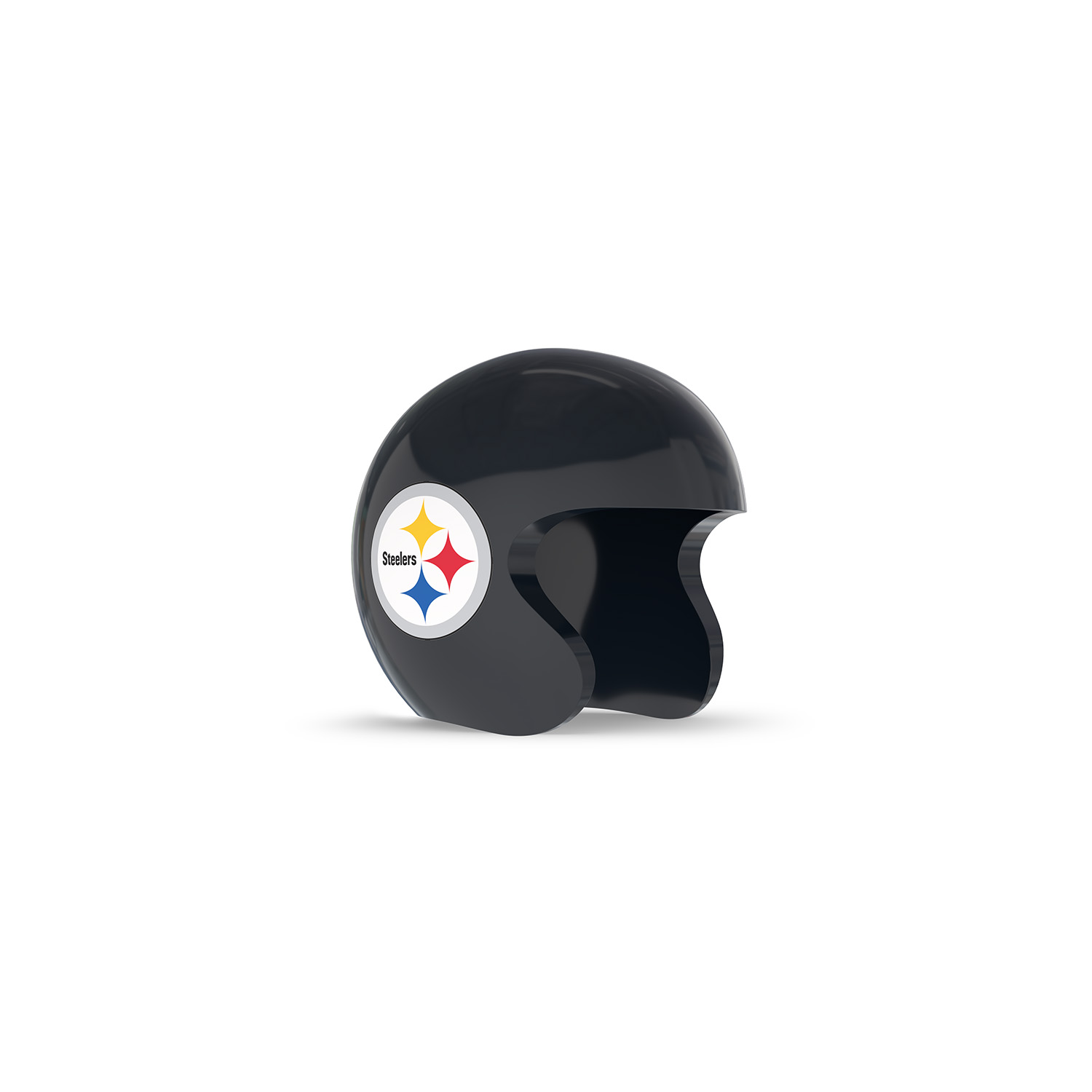 NFL Game Day Cam Cover (Indoor Cam, Pan-Tilt Indoor Cam) - AFC - Black open-face helmet with glossy finish, featuring a circular Steelers logo with yellow, red, and blue stars on the side.