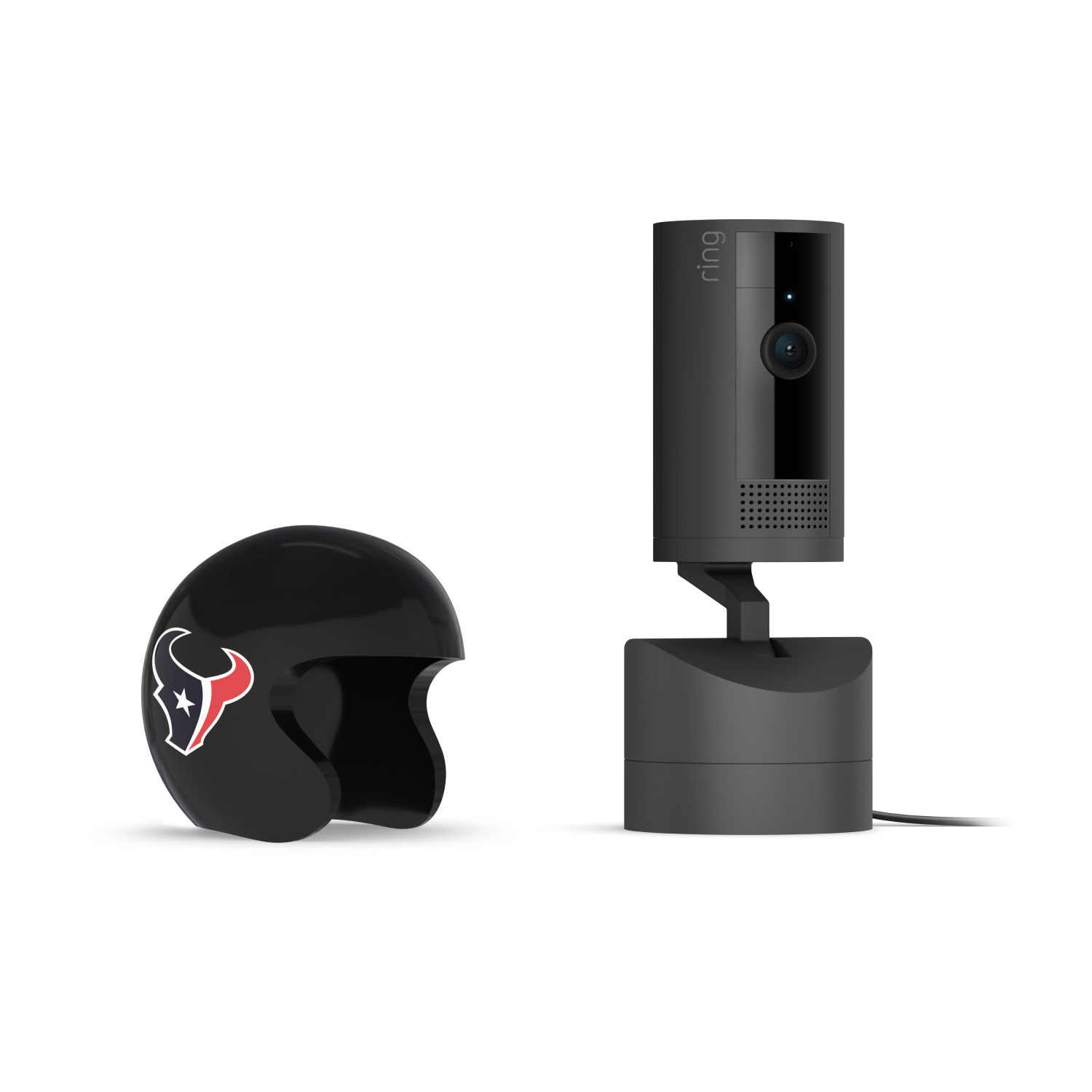 Pan-Tilt Indoor Cam, Black + NFL Game Day Cam Cover — AFC - Black Ring indoor camera on a stand next to a small black helmet with the Houston Texans bull logo, on a white background.