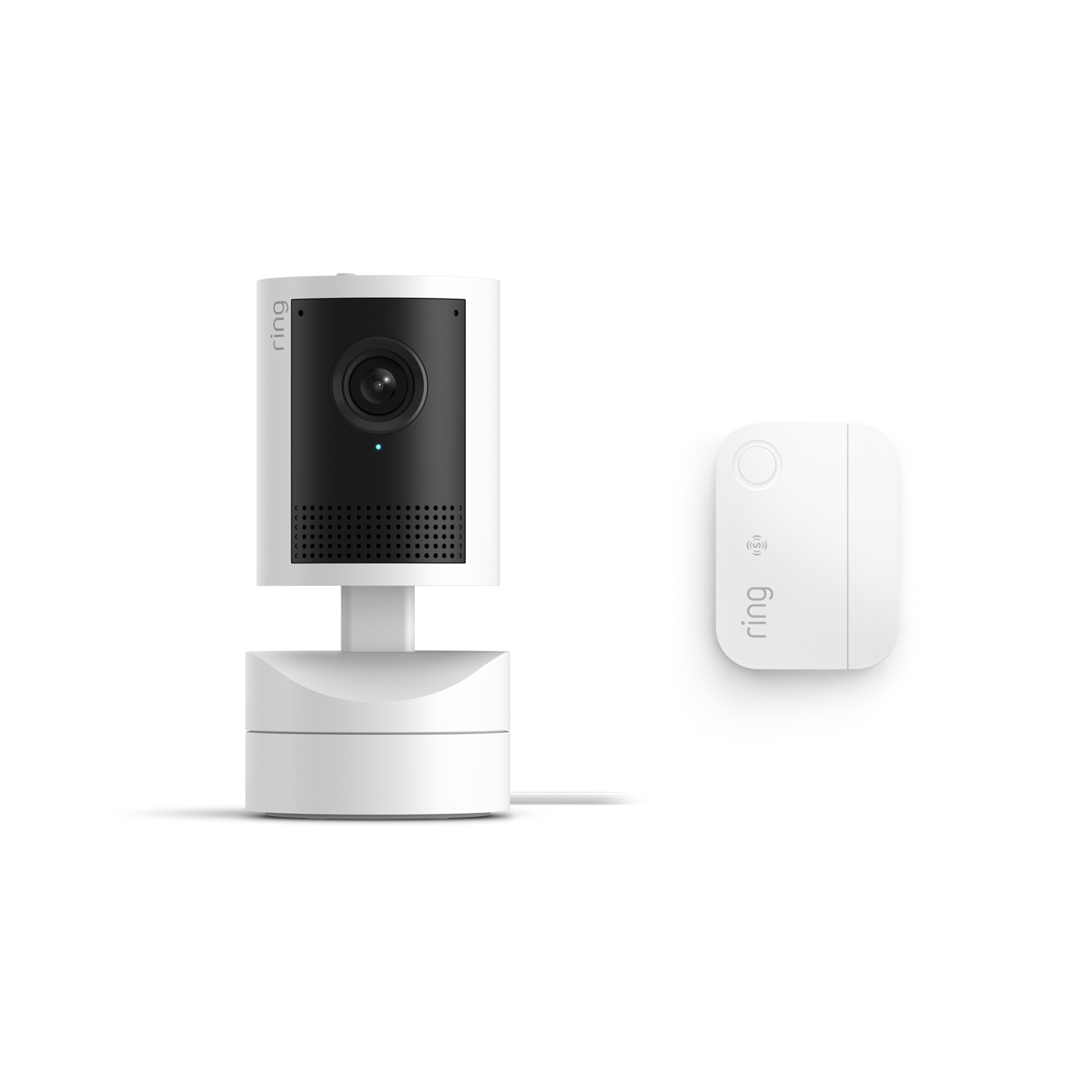 Pan-Tilt Indoor Cam 2K + Window and Door Sensor - White Ring indoor camera on a stand with black front panel and lens, shown beside a small white Ring sensor on a plain background.