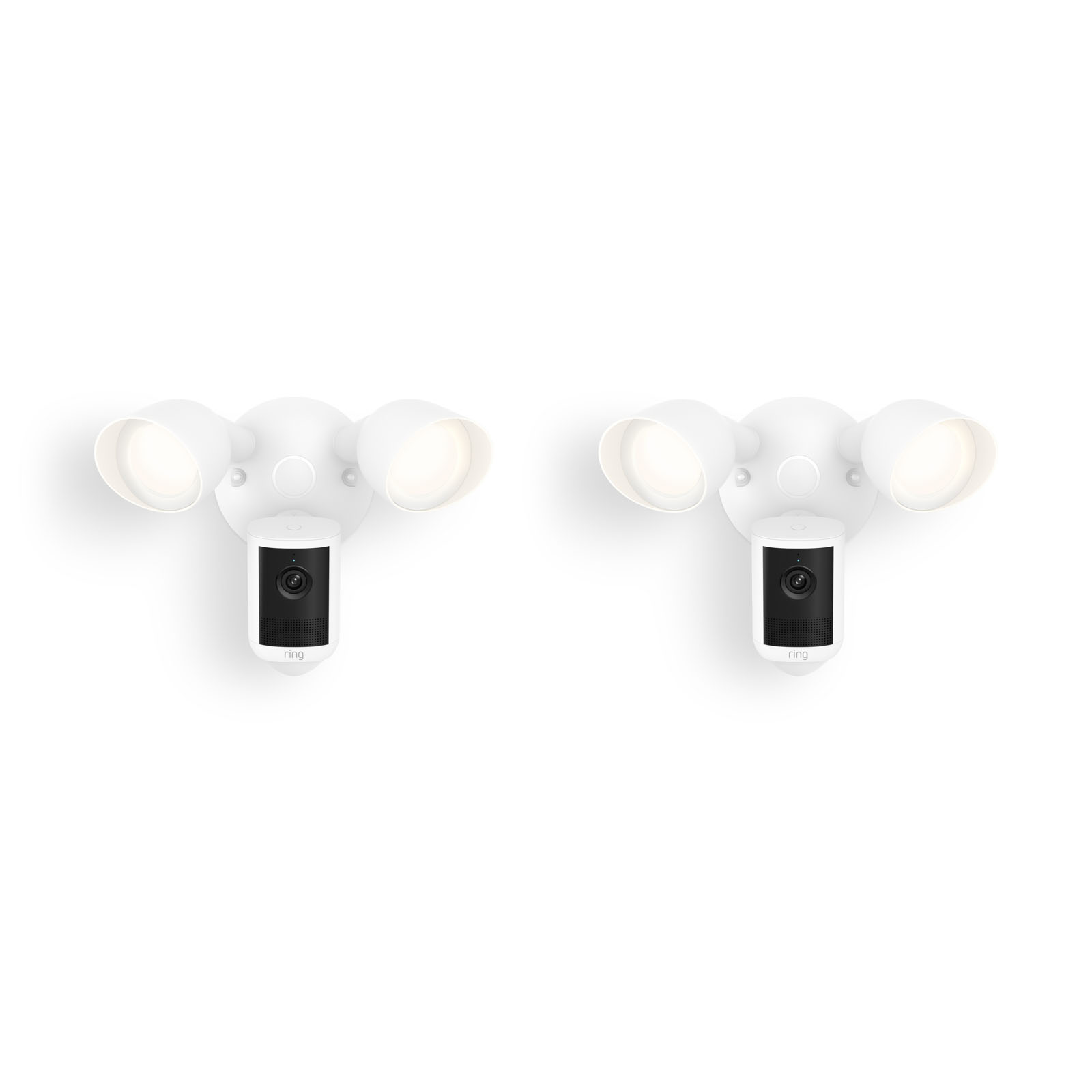 Floodlight Cam - Two white outdoor floodlight camera units with dual adjustable lights and a central camera, shown against a plain white background.