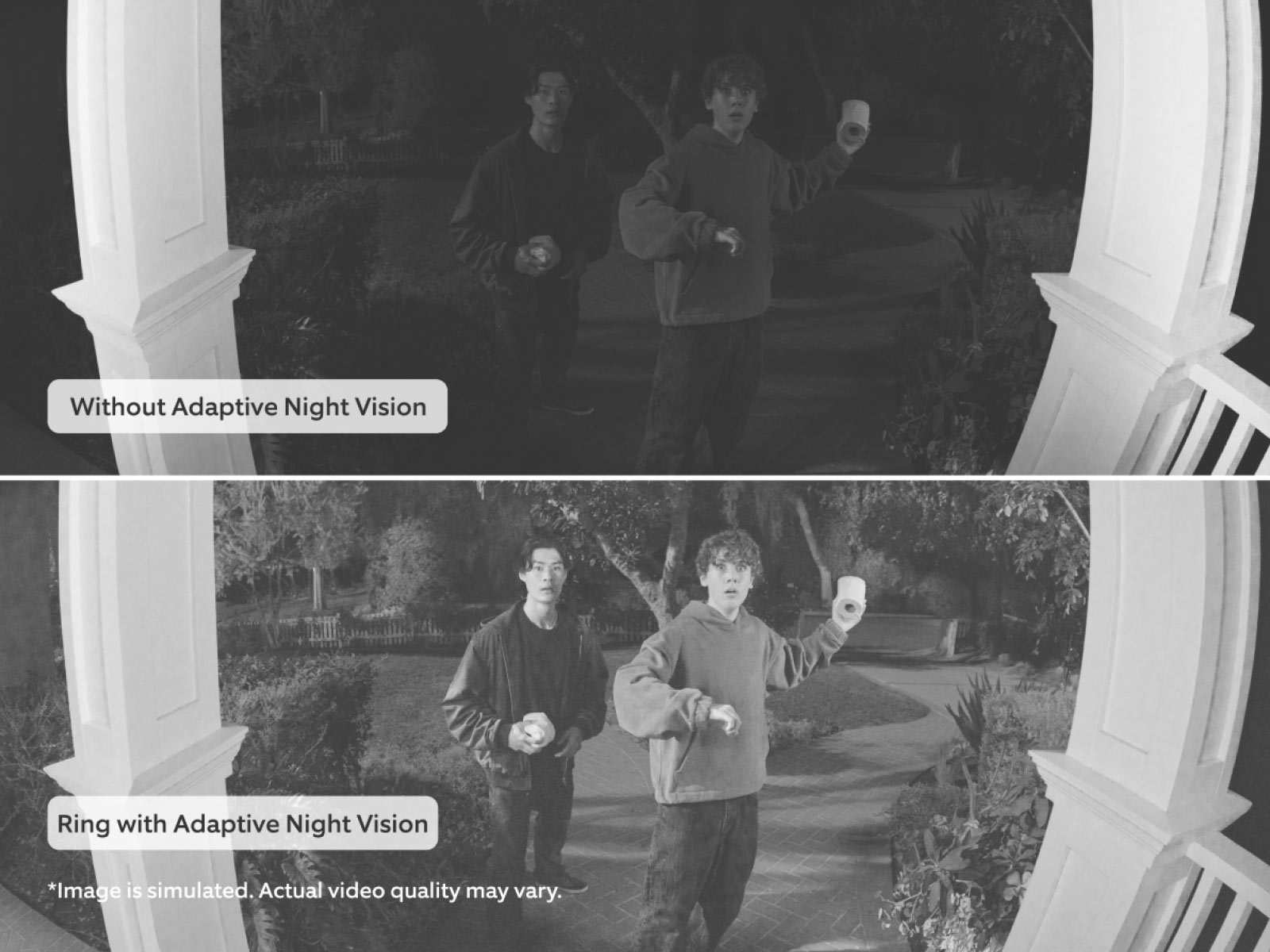 Split screen comparison showing prankster teens approaching front door night. Top image without Adaptive Night Vision appears very dark and hard to see details. Bottom image with Adaptive Night Vision shows clearer, brighter view of the same scene.