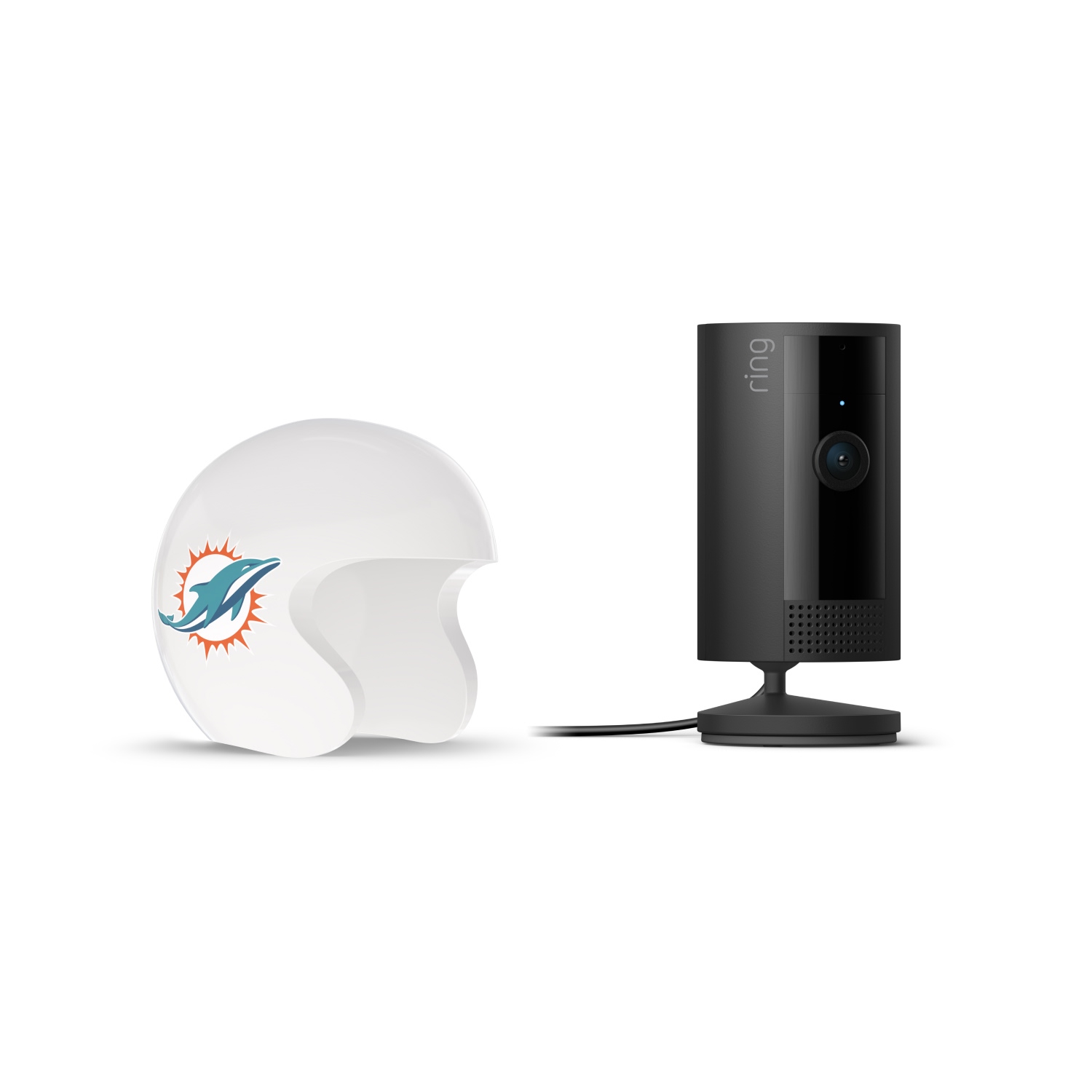 Indoor Cam, Black + NFL Game Day Cam Cover — AFC - Black Ring indoor camera on a stand beside a white mini football helmet with a teal dolphin logo, on a white background.