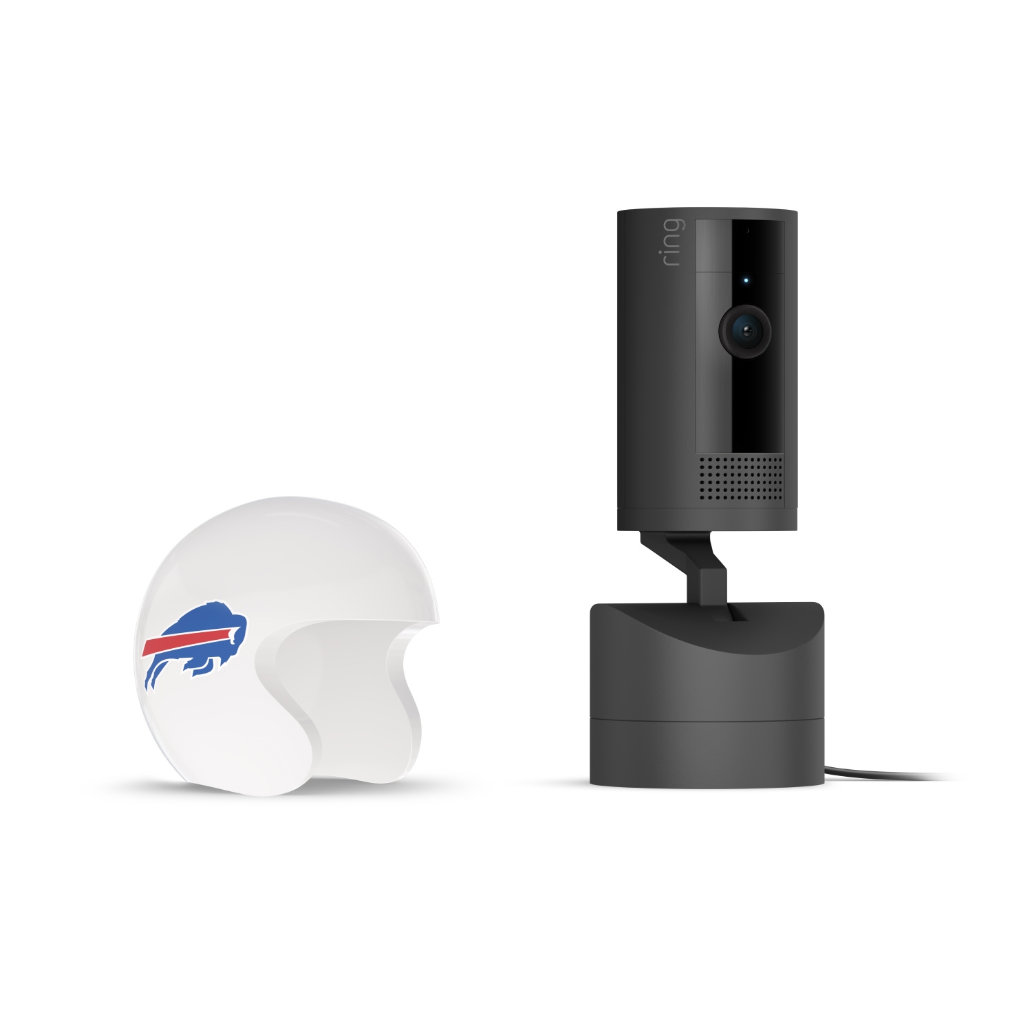 Pan-Tilt Indoor Cam, Black + NFL Game Day Cam Cover — AFC - Black Ring indoor camera on a stand next to a white mini football helmet with a blue buffalo logo on a plain white background.