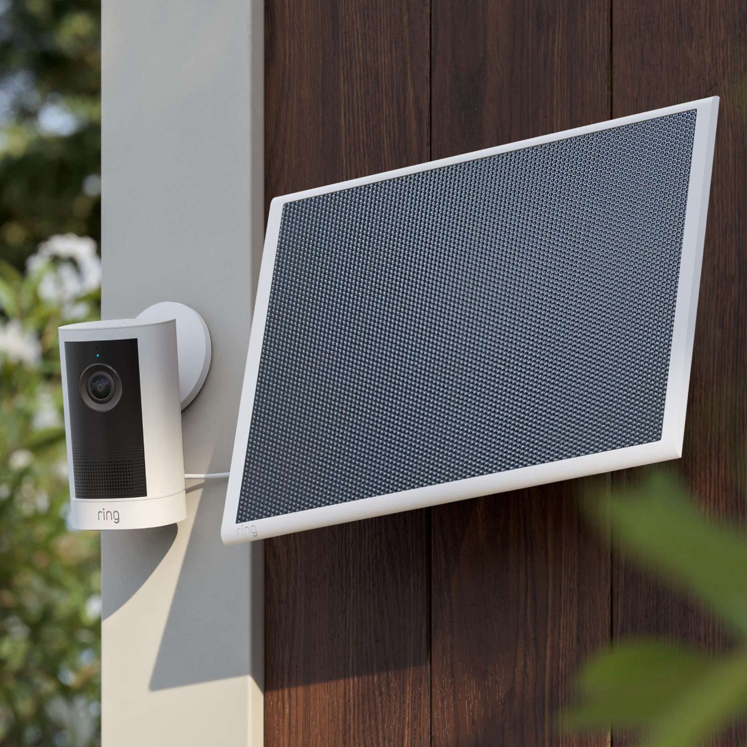 Outdoor Cam 4K Plus  - Solar:Outdoor Ring camera mounted beside a tilted solar panel on a wooden wall, with greenery blurred in the background.