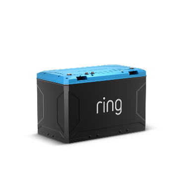 Ring Battery Pack - Rectangular Ring-branded battery unit with a black body and blue top, showing ports and ridged edges on a white background.