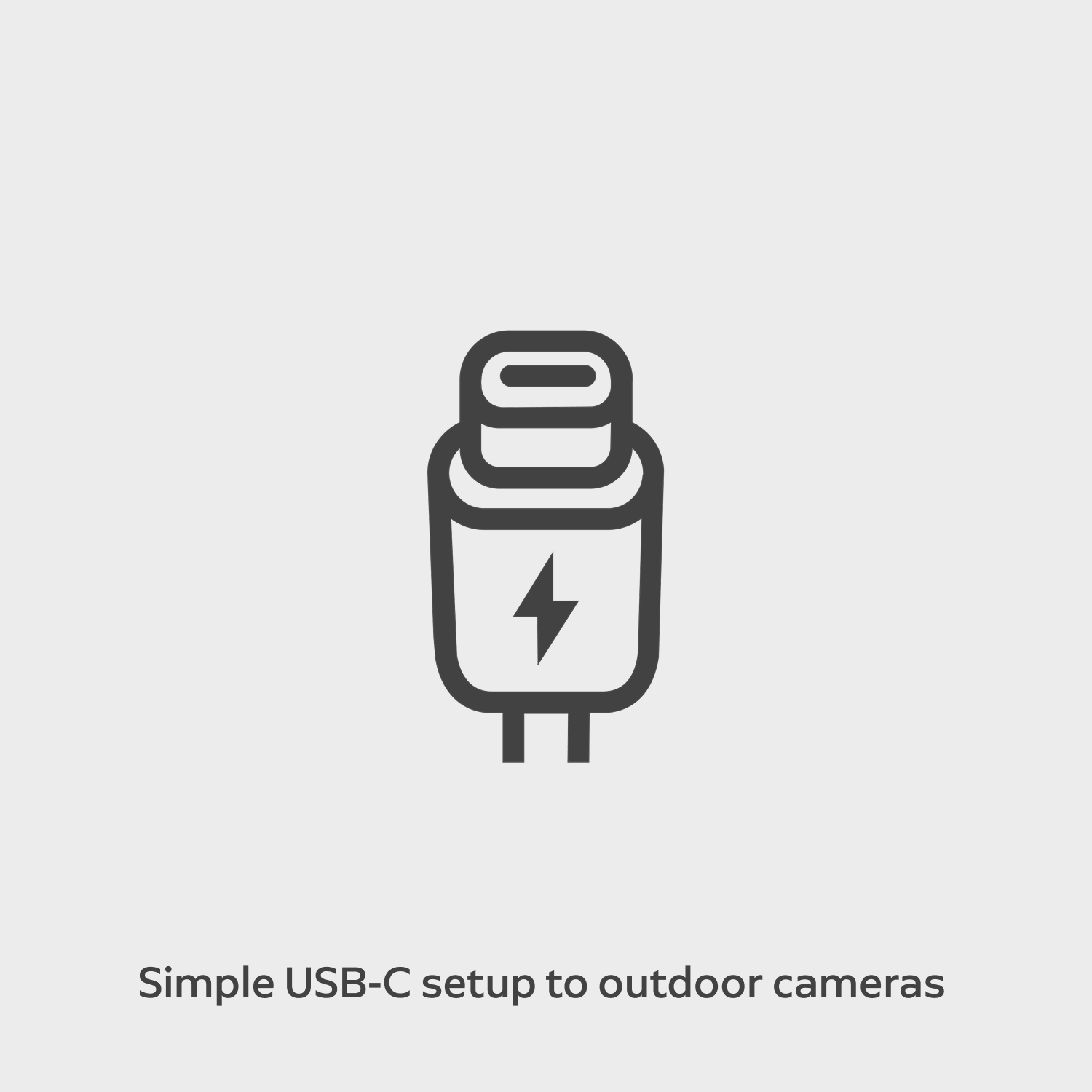 Solar Panel 6W (USB-C) (for Outdoor Cam 4K Plus, Spotlight Cam 4K Plus) - Icon of a USB‑C cable with a lightning bolt, suggesting simple plug‑in power setup for outdoor cameras on a white background.