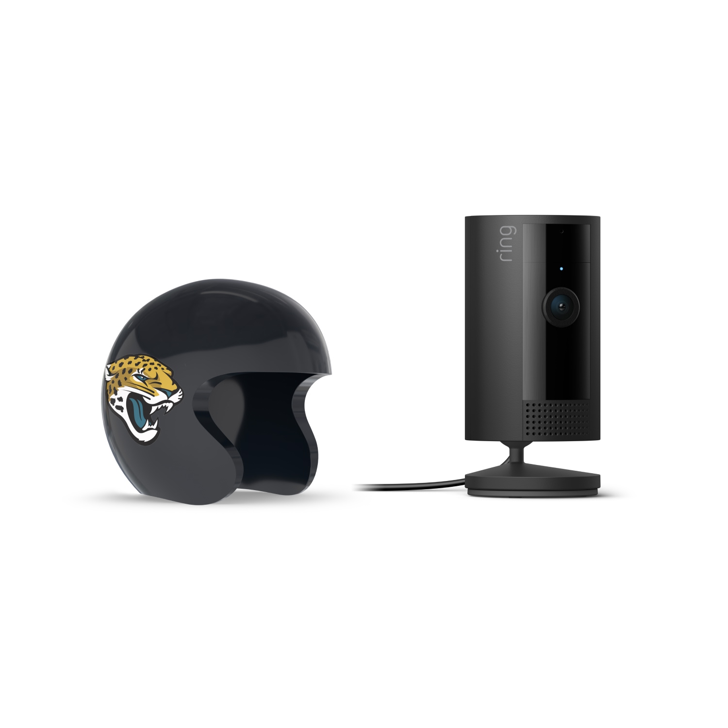 Indoor Cam, Black + NFL Game Day Cam Cover — AFC - Black Ring indoor camera on a stand beside a glossy black helmet with a roaring jaguar logo, set against a white background.