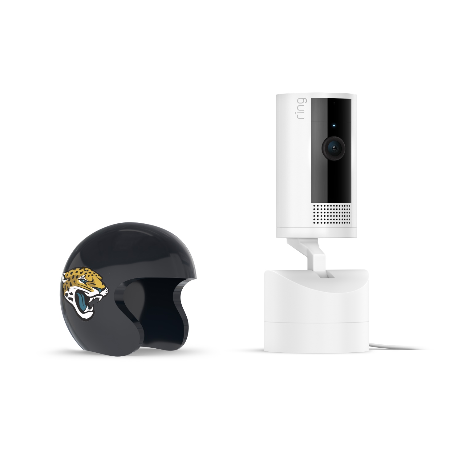 Pan-Tilt Indoor Cam, White + NFL Game Day Cam Cover — AFC - White Ring Pan-tilt indoor camera on a base next to a black mini football helmet with a jaguar logo on white background.