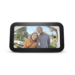 Smart display showing a wide-angle video of two smiling people at a sunny front door, with trees and pathway in the background.