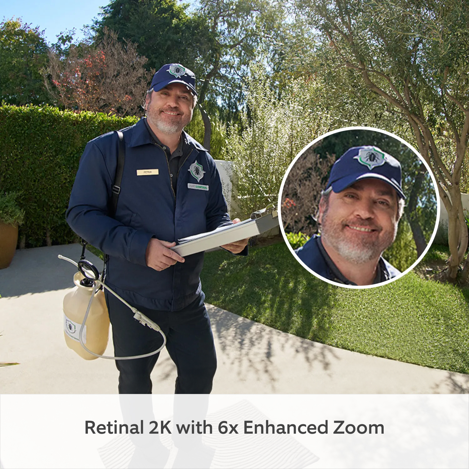  Wired Video Doorbell (2nd Gen) (Featuring Retinal 2K) - Maintenance man in view of camera, also has a zoomed in bubble of this face and image is captioned Retinal 2K with 6x Enhanced Zoom 