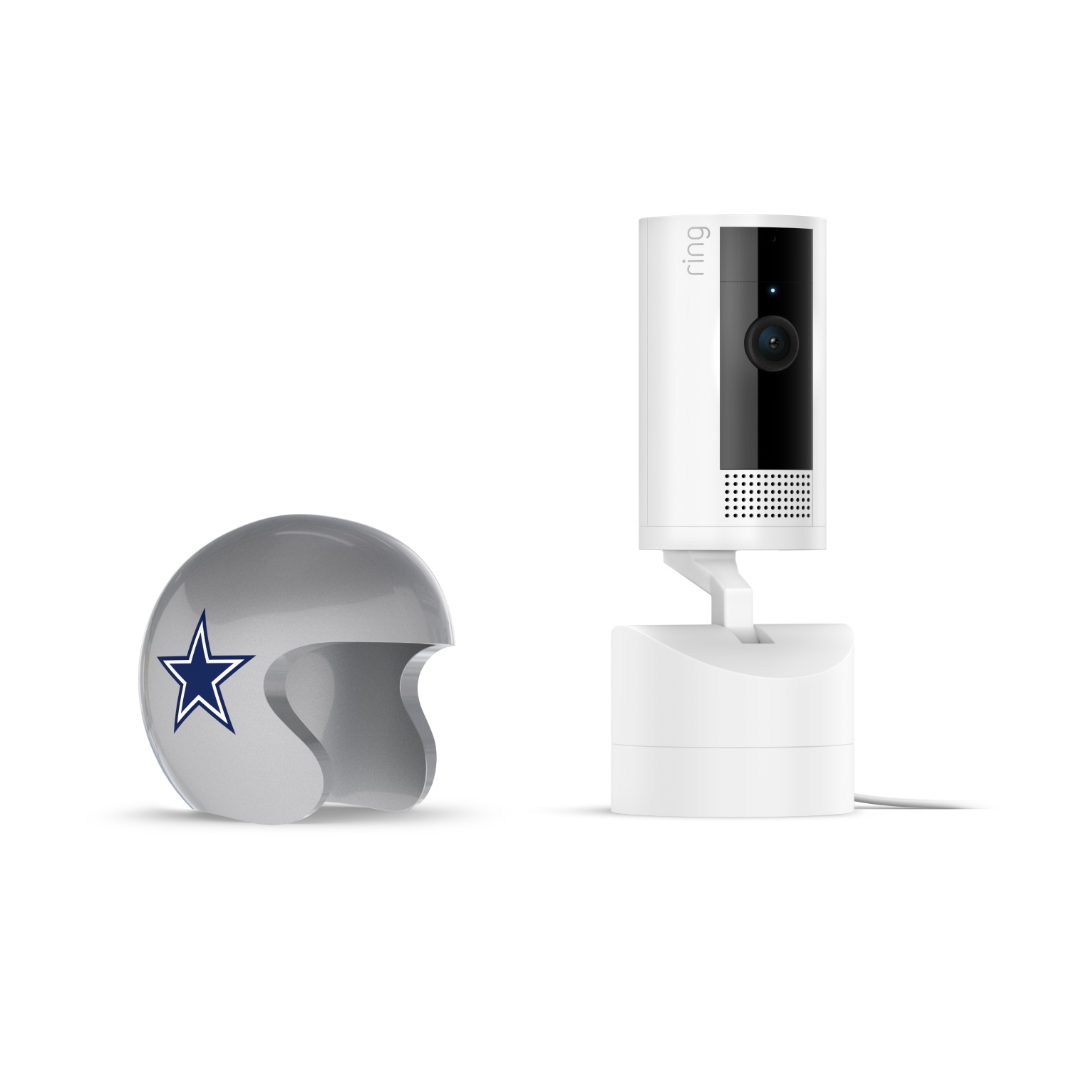 Pan-Tilt Indoor Cam, White + NFL Game Day Cam Cover — NFC - White Ring Stick Up Cam next to a small silver football helmet with a blue star logo, on a white background.