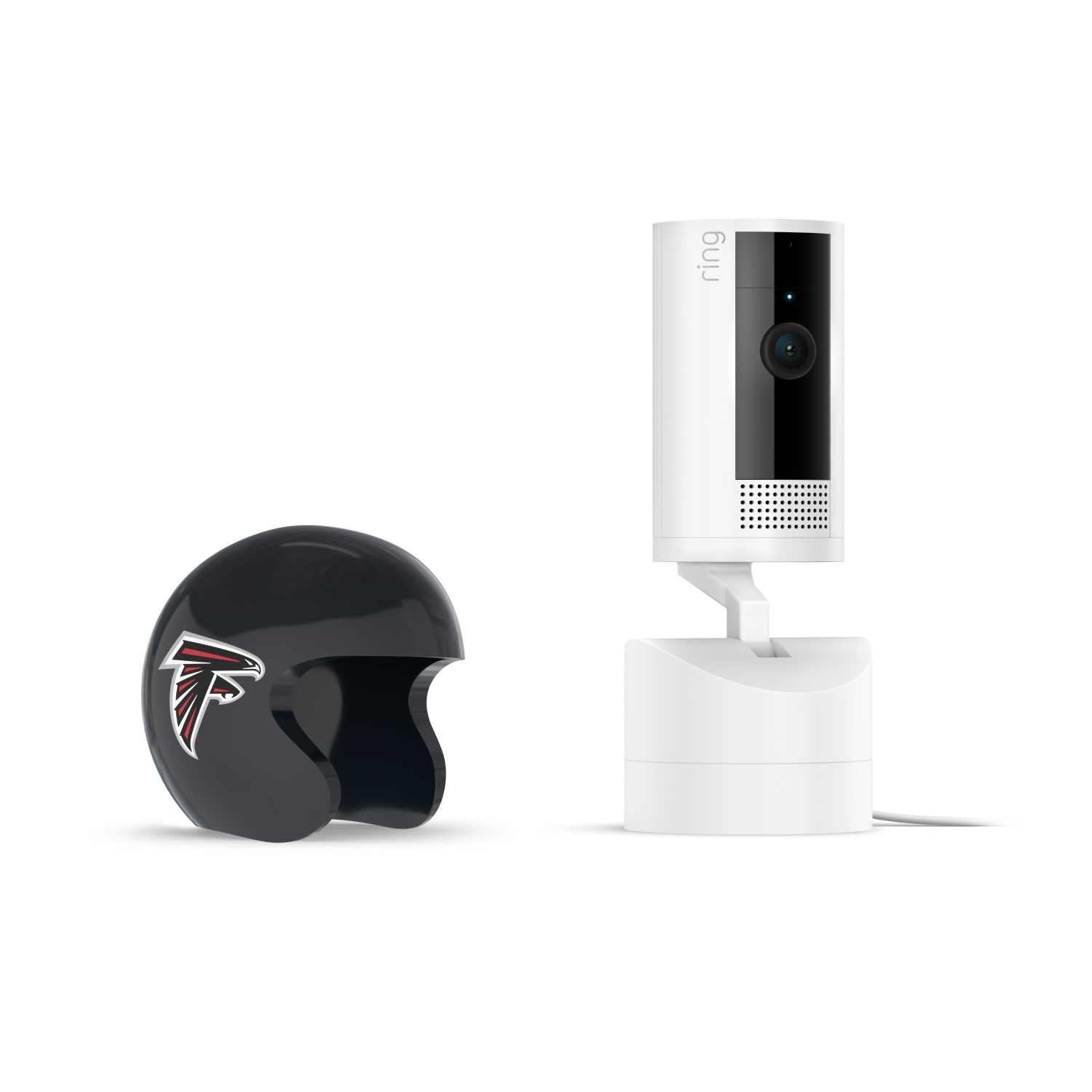 Pan-Tilt Indoor Cam, White + NFL Game Day Cam Cover — NFC - White Ring indoor camera on a stand next to a small black Atlanta Falcons helmet on a white background.