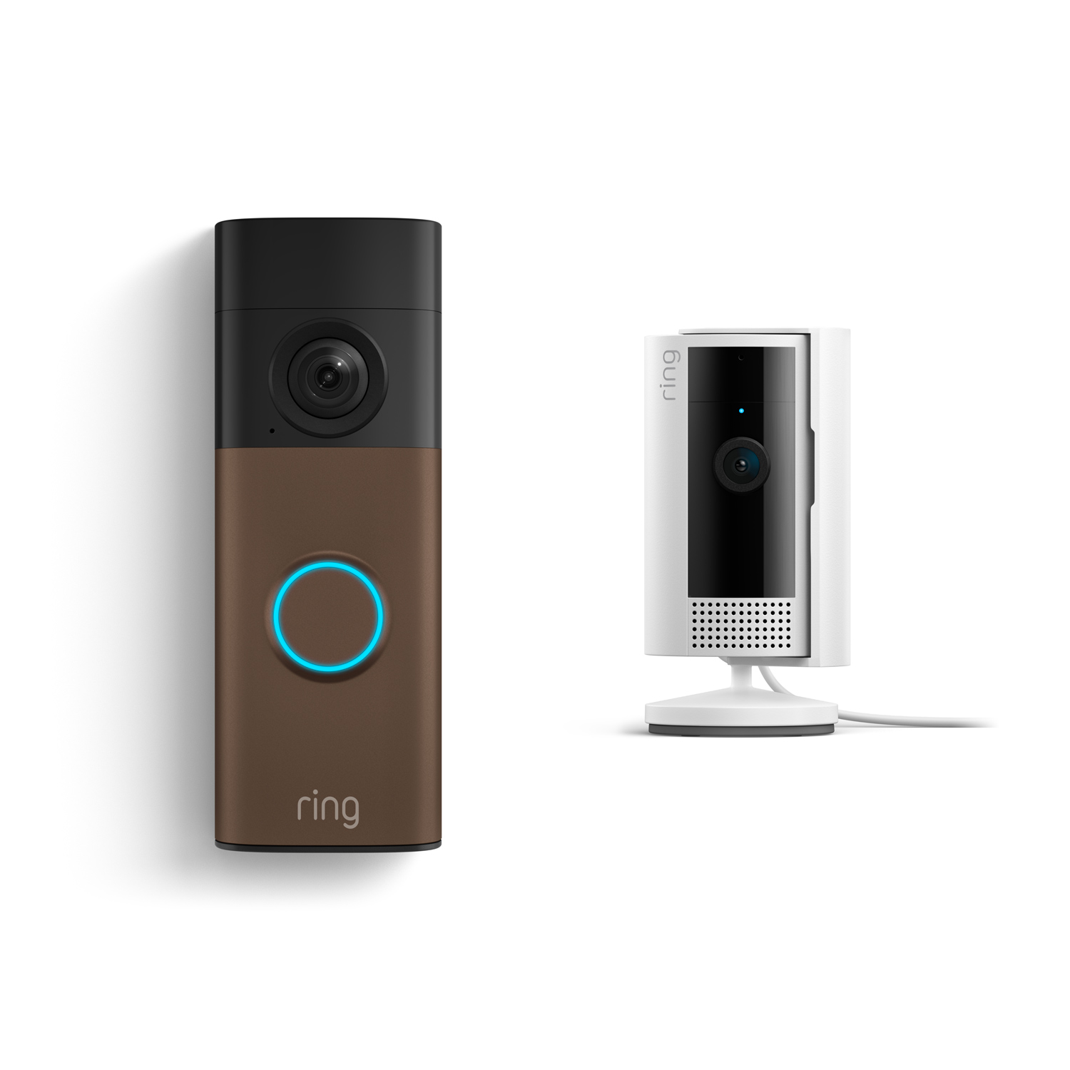 Battery Doorbell (Newest Model) + Indoor Camera (Newest Model) - Ring doorbell with glowing blue button next to a compact white indoor camera on a stand, both against a clean white background.