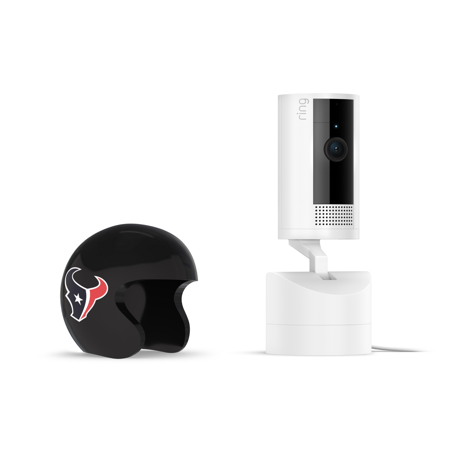 Pan-Tilt Indoor Cam, White + NFL Game Day Cam Cover — AFC - Black mini football helmet with Houston Texans logo beside a white Ring Pan-Tilt indoor camera on a stand against a plain white background.