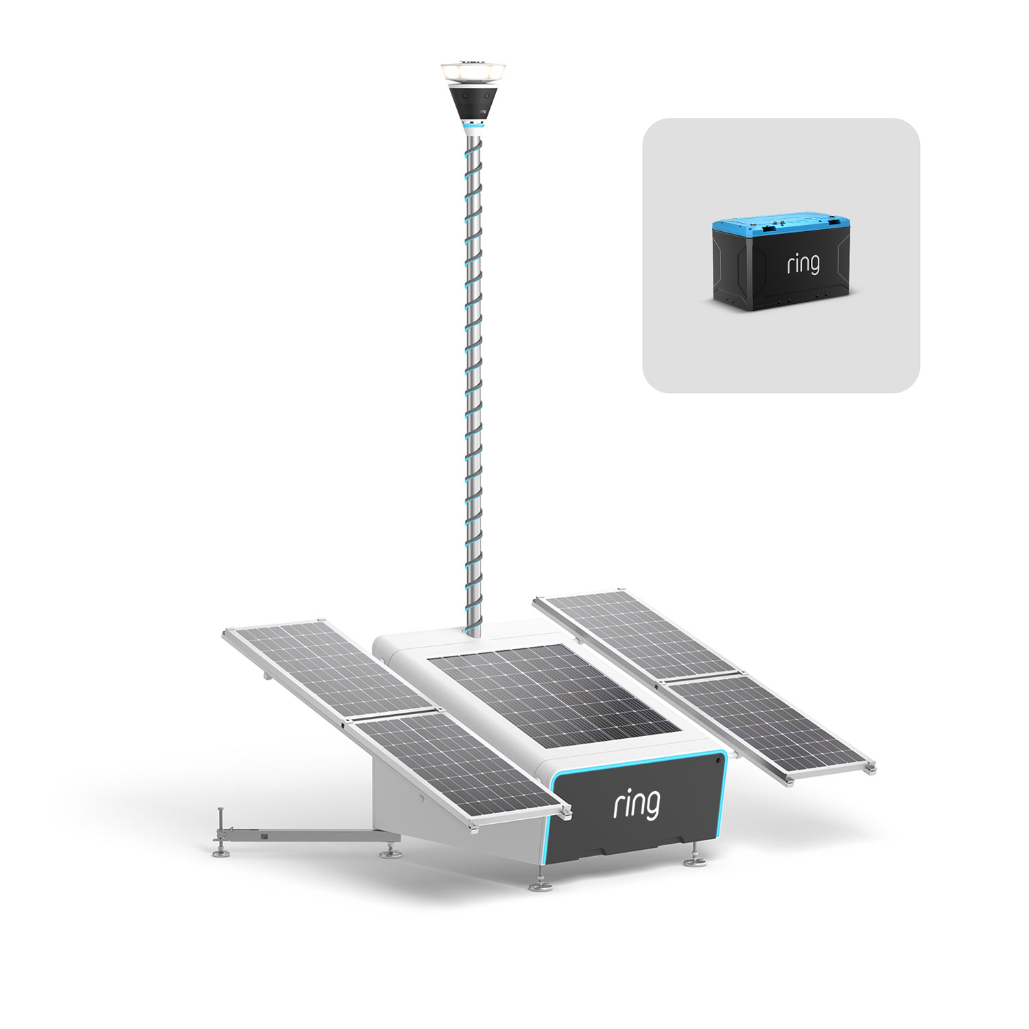 Ring Mobile Security Tower - Solar Panel Kit + 1x Battery - Ring solar-powered portable security unit with raised camera mast, four fold-out solar panels, and a removable battery pack.