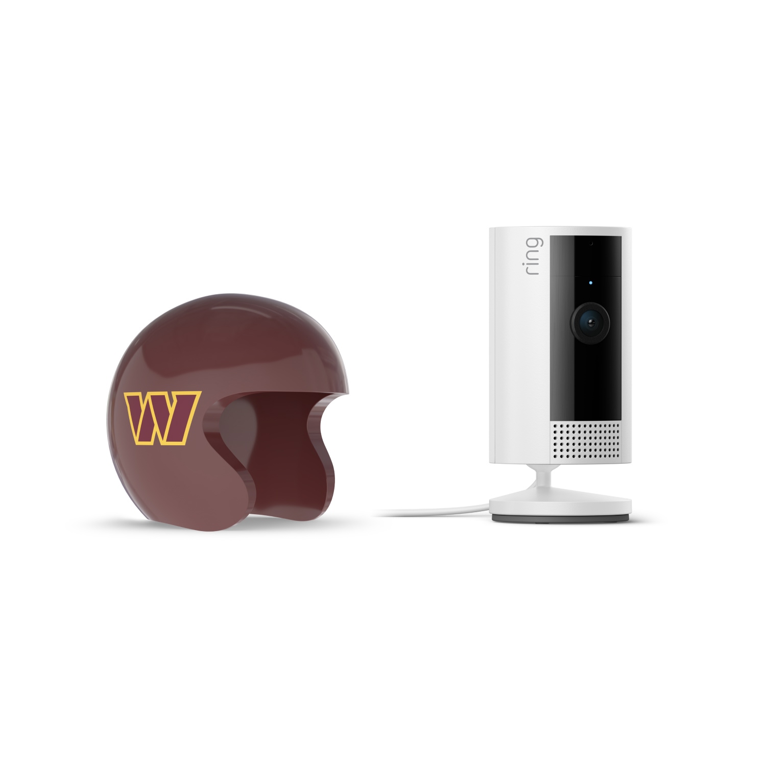 Indoor Cam, White + NFL Game Day Cam Cover — NFC - White Ring indoor camera on a stand next to a maroon football helmet with a yellow W logo, set against a white background.