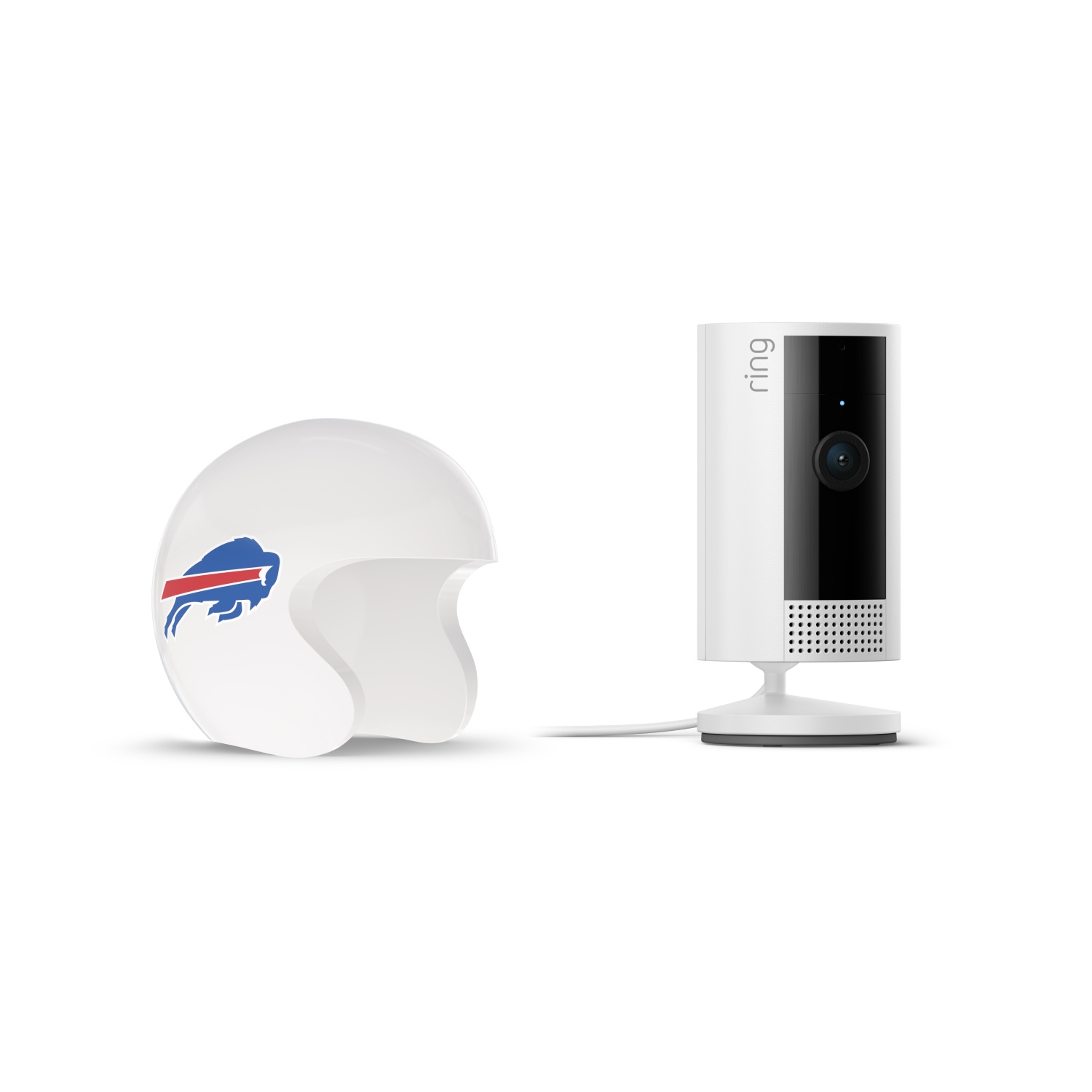 Indoor Cam, White + NFL Game Day Cam Cover — AFC - White Ring indoor camera on a stand next to a white mini football helmet with a blue buffalo and red stripe logo on a plain background.
